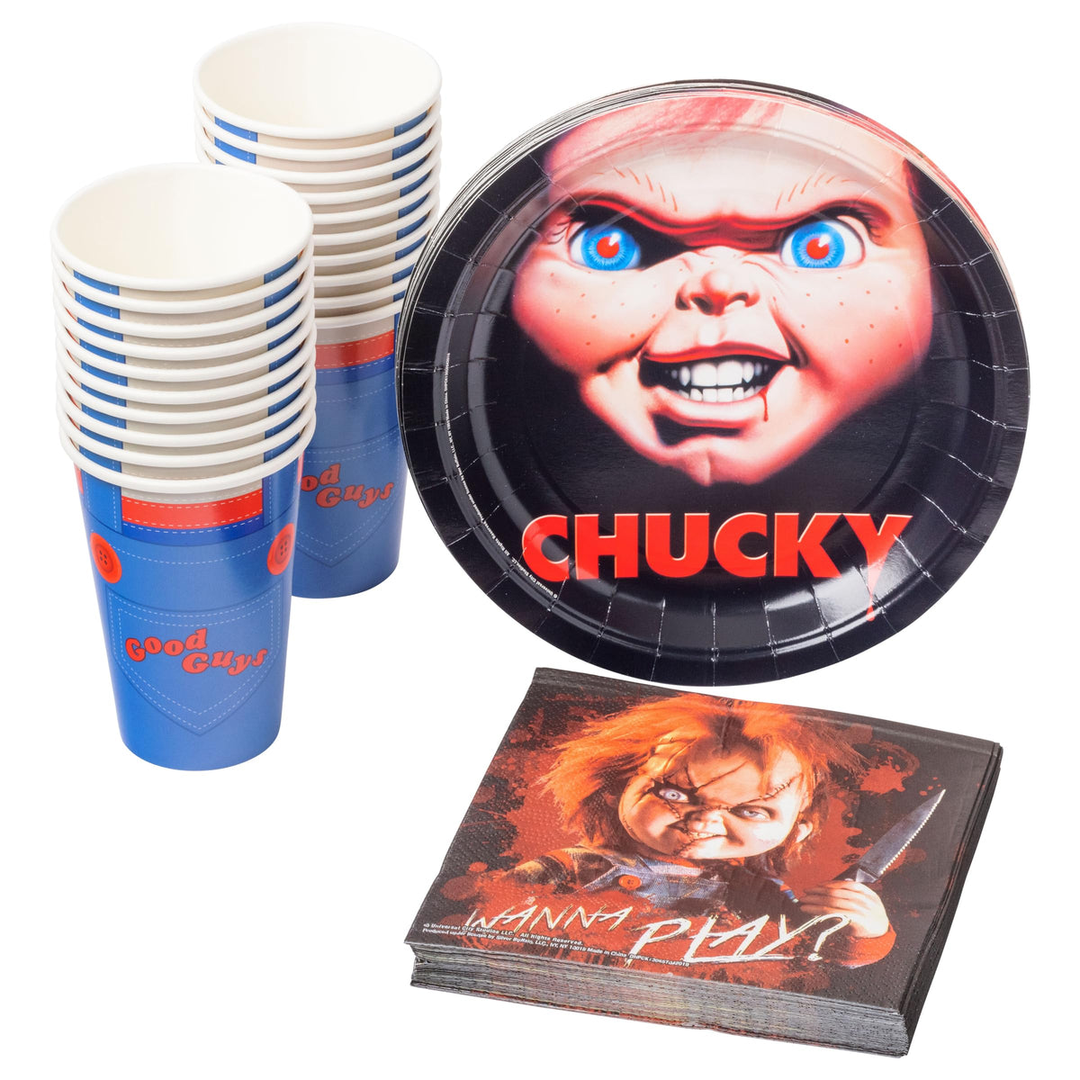 Silver Buffalo Chucky'S Face Party Supplies Set, Party Pack Paper Plates Cups Napkins, 60-Pieces