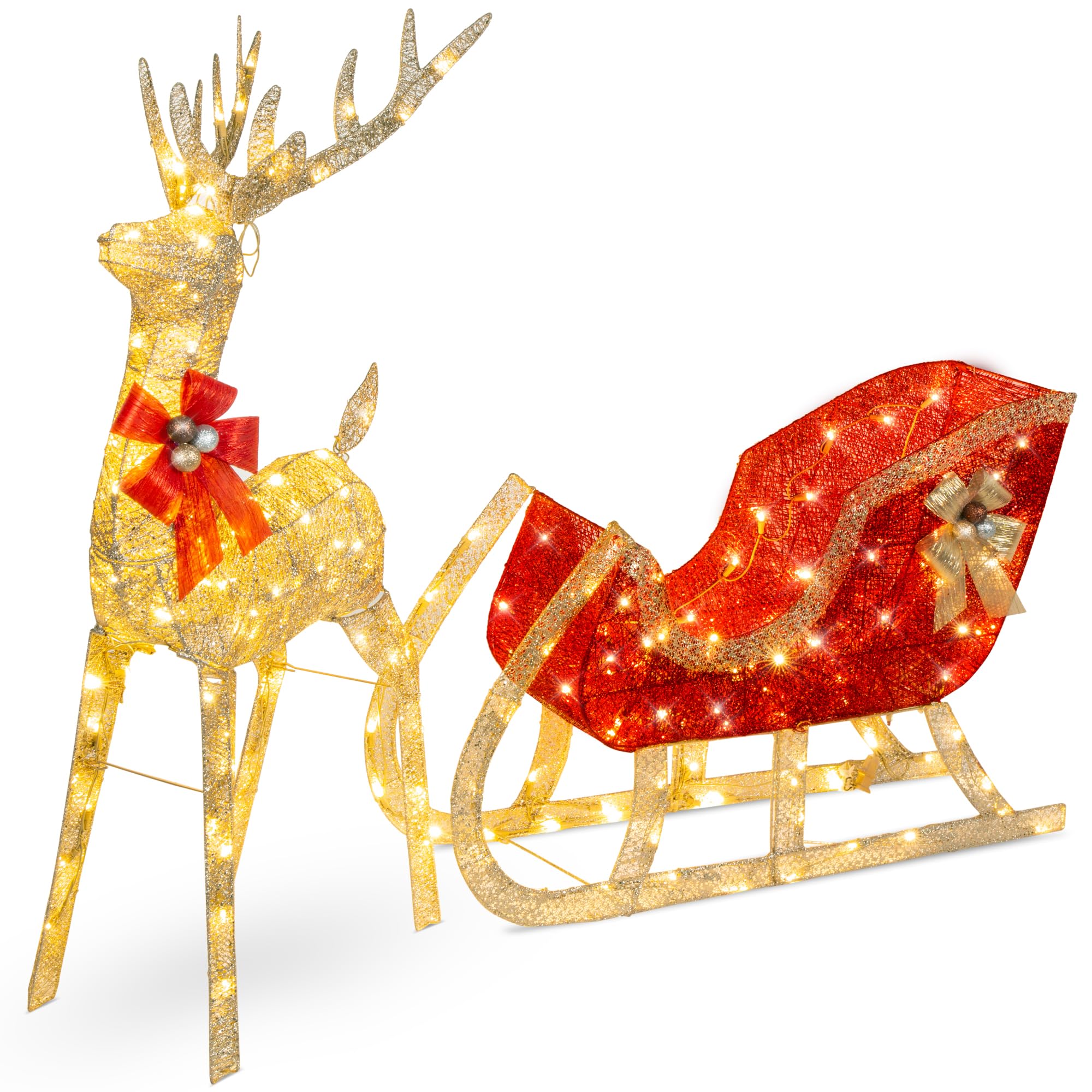 Best Choice Products XL Lighted Christmas 5ft Reindeer & Sleigh Holiday Outdoor Yard Decoration Set w/ 265 LED Lights, Stakes, Z