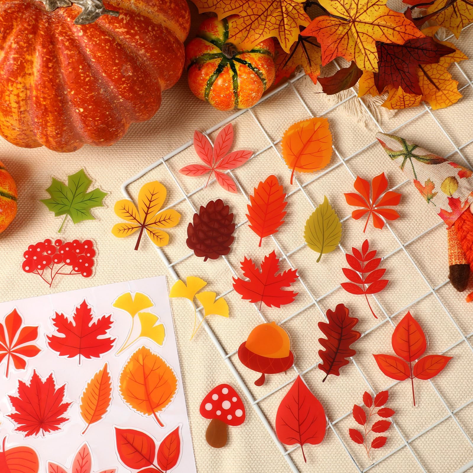 MARFOREVER 50 PCS Thanksgiving Day Gel Window Clings Stickers Reusable Fall Leaves Thick Gel Clings Decals for Autumn Kids Toddl