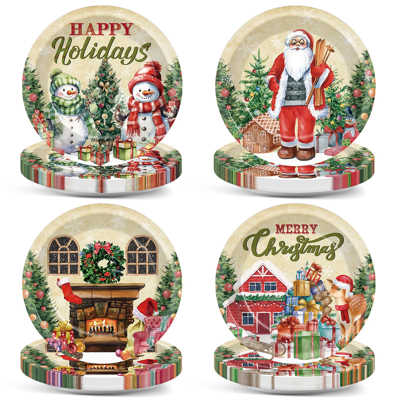 OBUSATT 100 Pcs Christmas Xmas Paper Plates Party Decorations Snowman Plates 7inch Disposable Christmas Tree Santa Dinner Plates