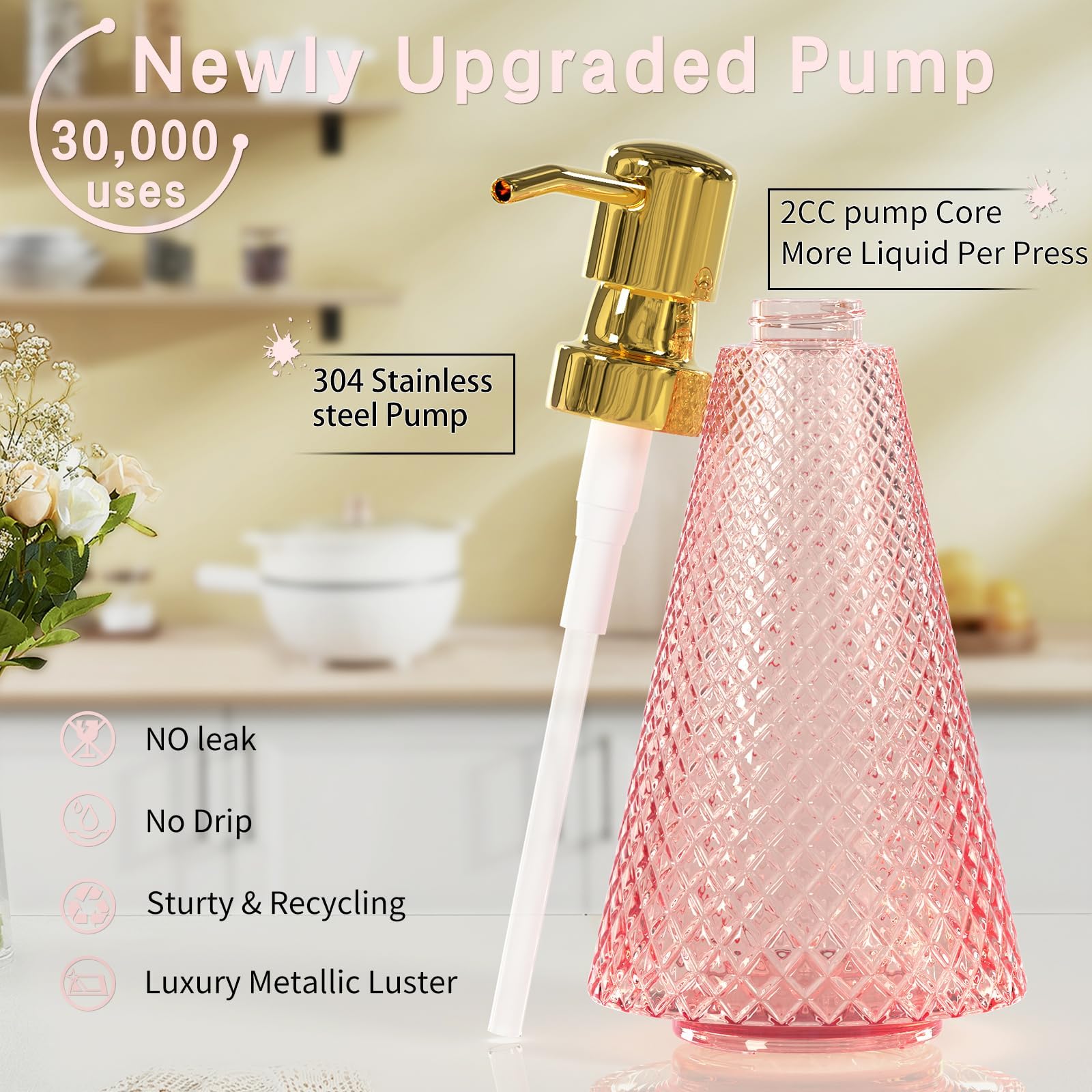 Pink Bathroom Accessories Set, 5 Pcs Premium Glass Bathroom Accessory Set With Vanity Organizer, Lotion Dispenser, Soap Dish, Ba