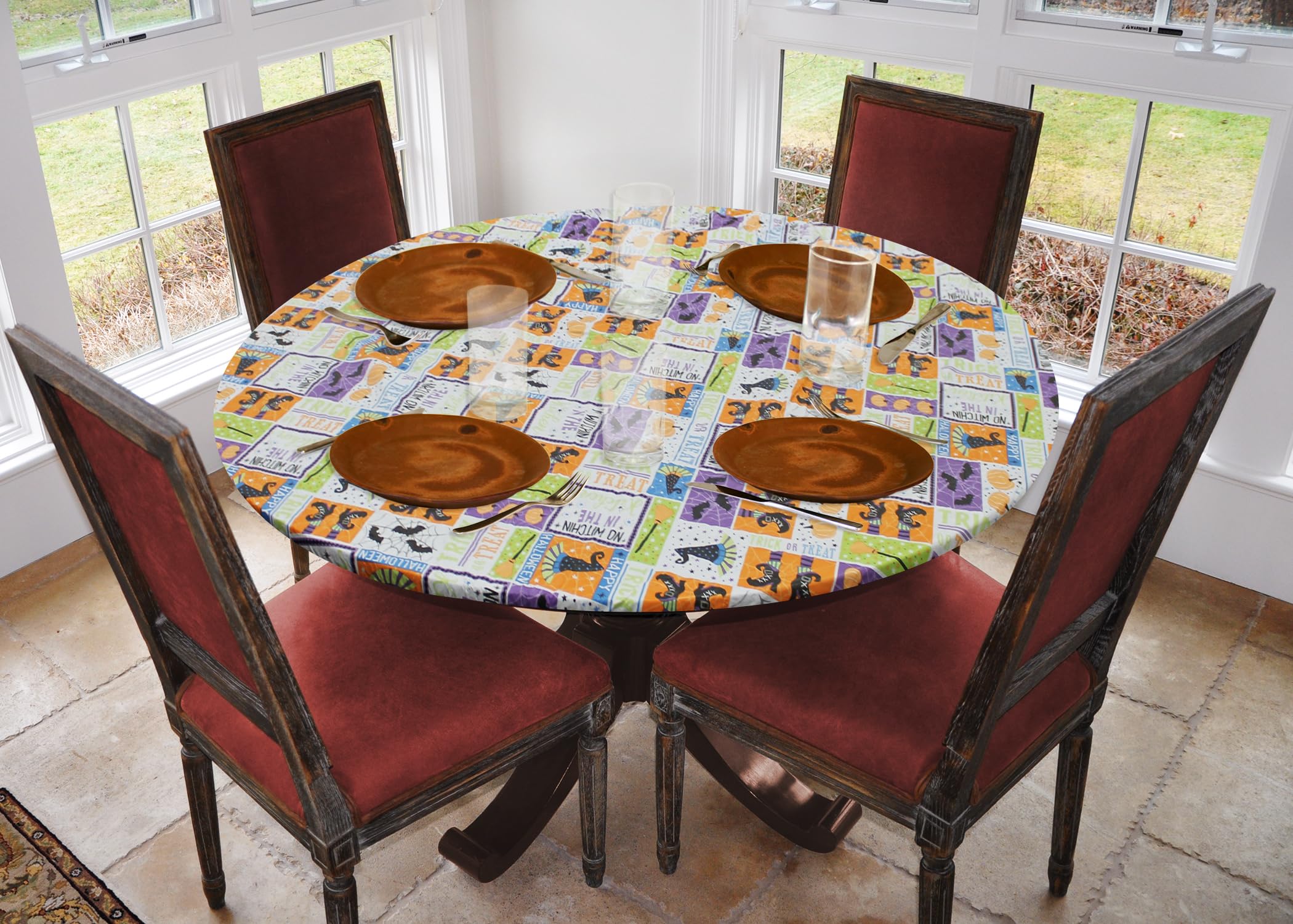 Covers For The Home Deluxe Elastic Edged Flannel Backed Vinyl Fitted Table Cover - Halloween Witchy Patchwork- Large Round Oblon
