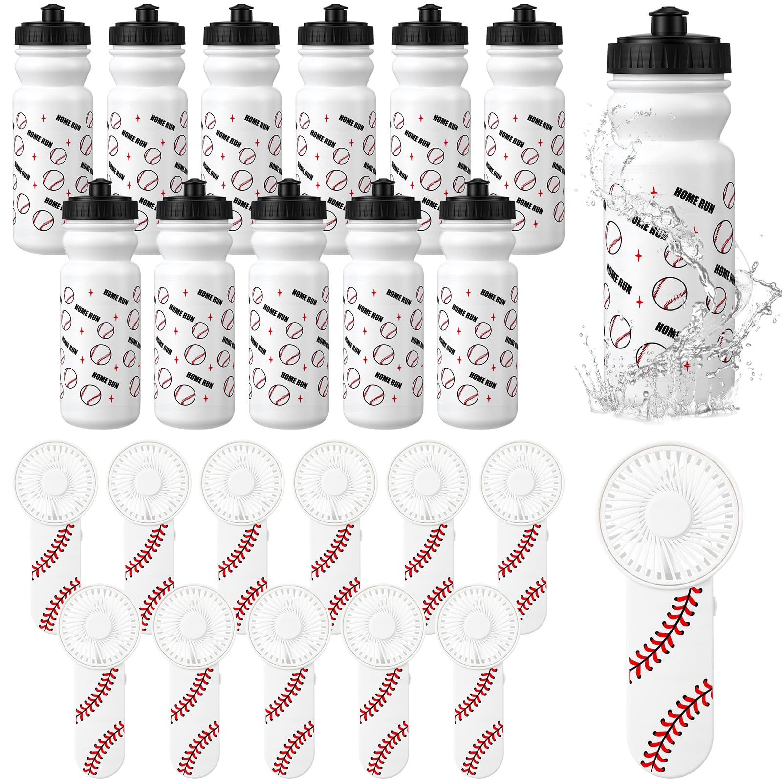 VIHOSE 24 Pack 20 oz Baseball Water Bottle and Fan Set- Sports Portable Squeeze Bottles Gift Favors for Men Team Men Players, Sp