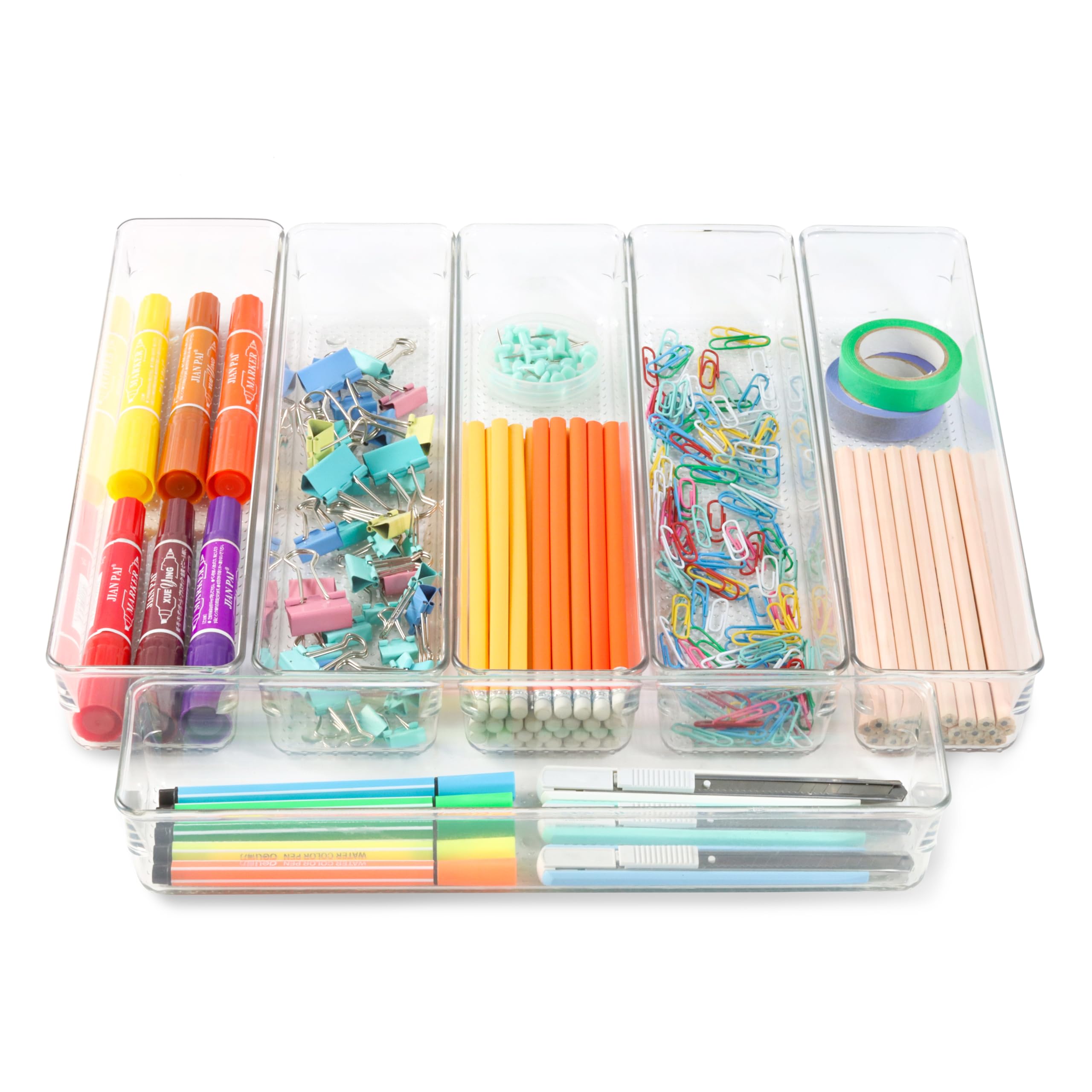ihomecooker 6 Set Clear Plastic Junk Drawer Organizer Vanity Curlery Utensil Makeups Organizer for Kitchen 12'' X 3''