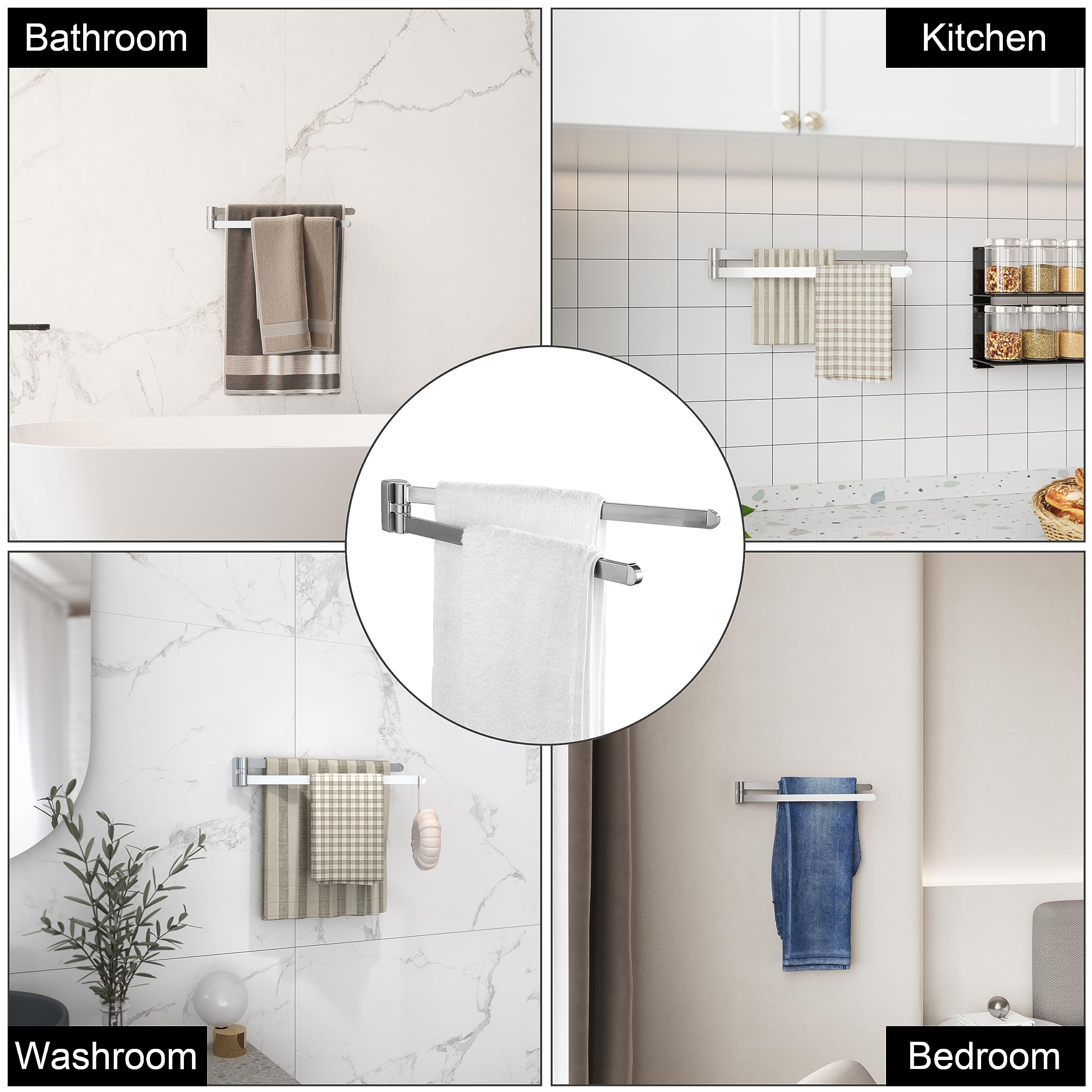 BGL Swivel Towel Bar Brushed Nickel Two Arms Wall Mount Towel Hanger Holder for Bathroom Organizer