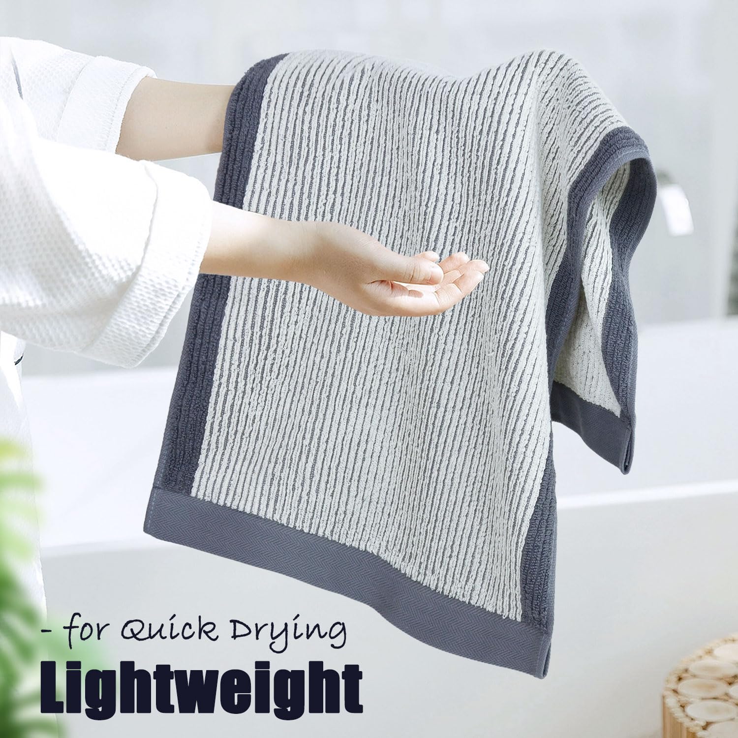 Cleanbear Gray Hand Towels For Bathroom With Textrued Lines, 100% Cotton, Stylish Towels For Guests, 28 X 13 Inches