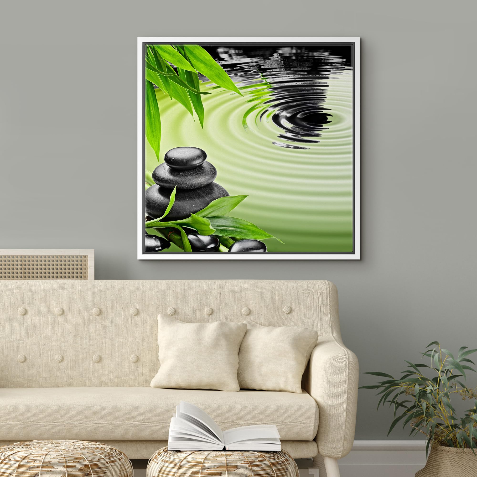 Wall26 Framed Canvas Print Wall Art Black Zen Basalt Stones With Bamboo Floral Nature Digital Art Modern Art Rustic Scenic Relax