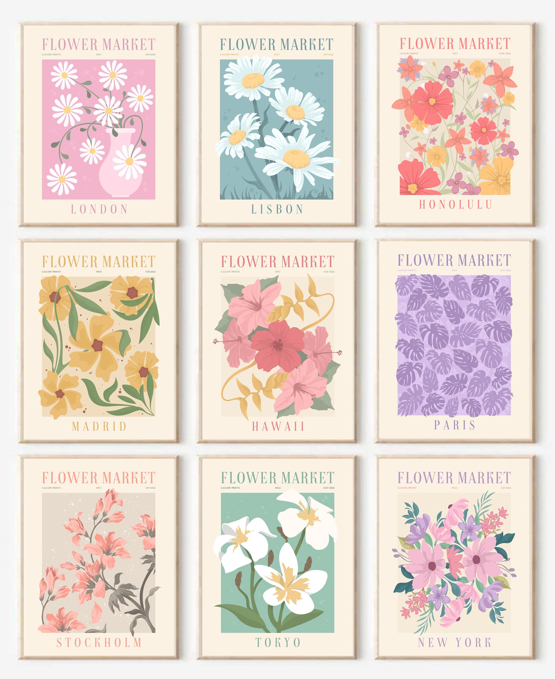 Flower Market Posters Set Of 9, Minimalist Flower Market Wall Art Prints, Vintage Flower Pictures Wall Decor, Abstract Canvas Co