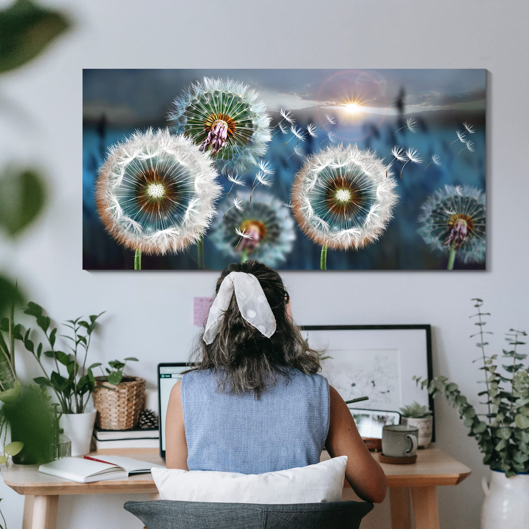 Large Wall Art Dandelion Theme Canvas Art Wall Decor For Living Room Abstract White Dandelion Sun Blue Landscape Prints Artwork