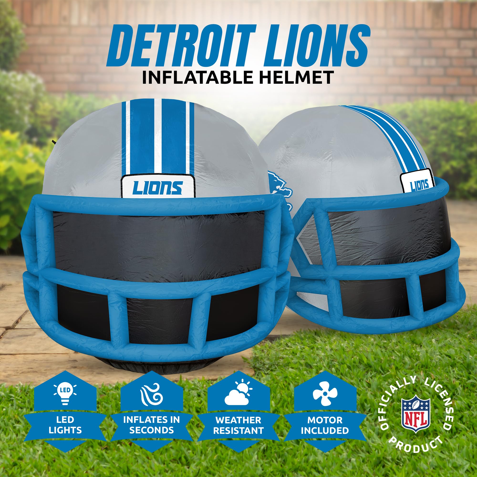 Sporticulture NFL Detroit Lions 4ft Inflatable Helmet with LED Lights & Built-in Blower - Merchandise Decor Ideal for Lawn, Fron