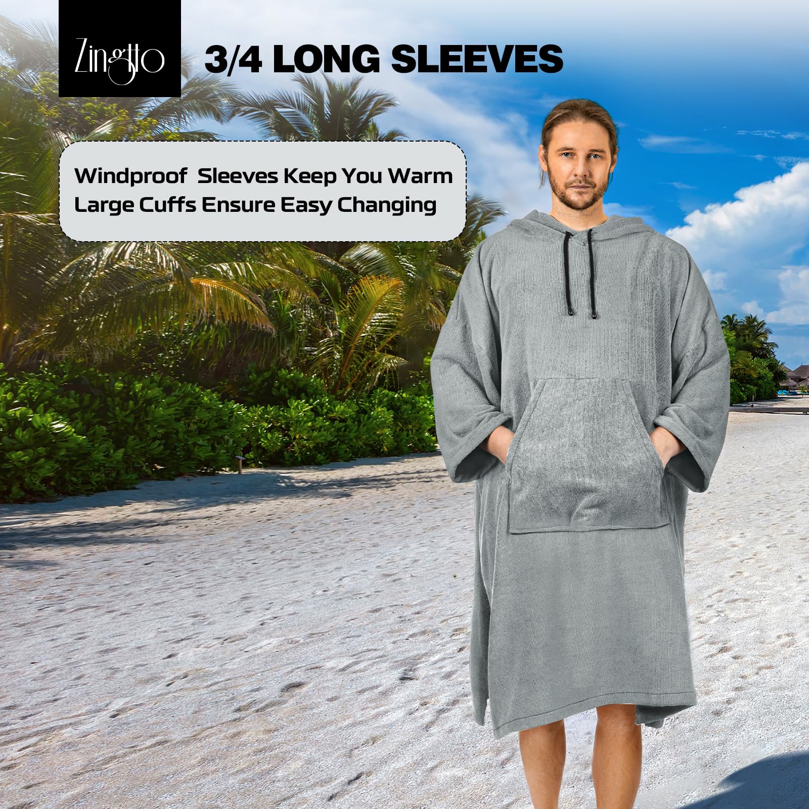 Zingtto Surf Poncho Changing Robe, 3/4 Sleeve Extra Large Thick Hoodie Towel Poncho For Men Women Beach Swimming, 43'' X 35'', G