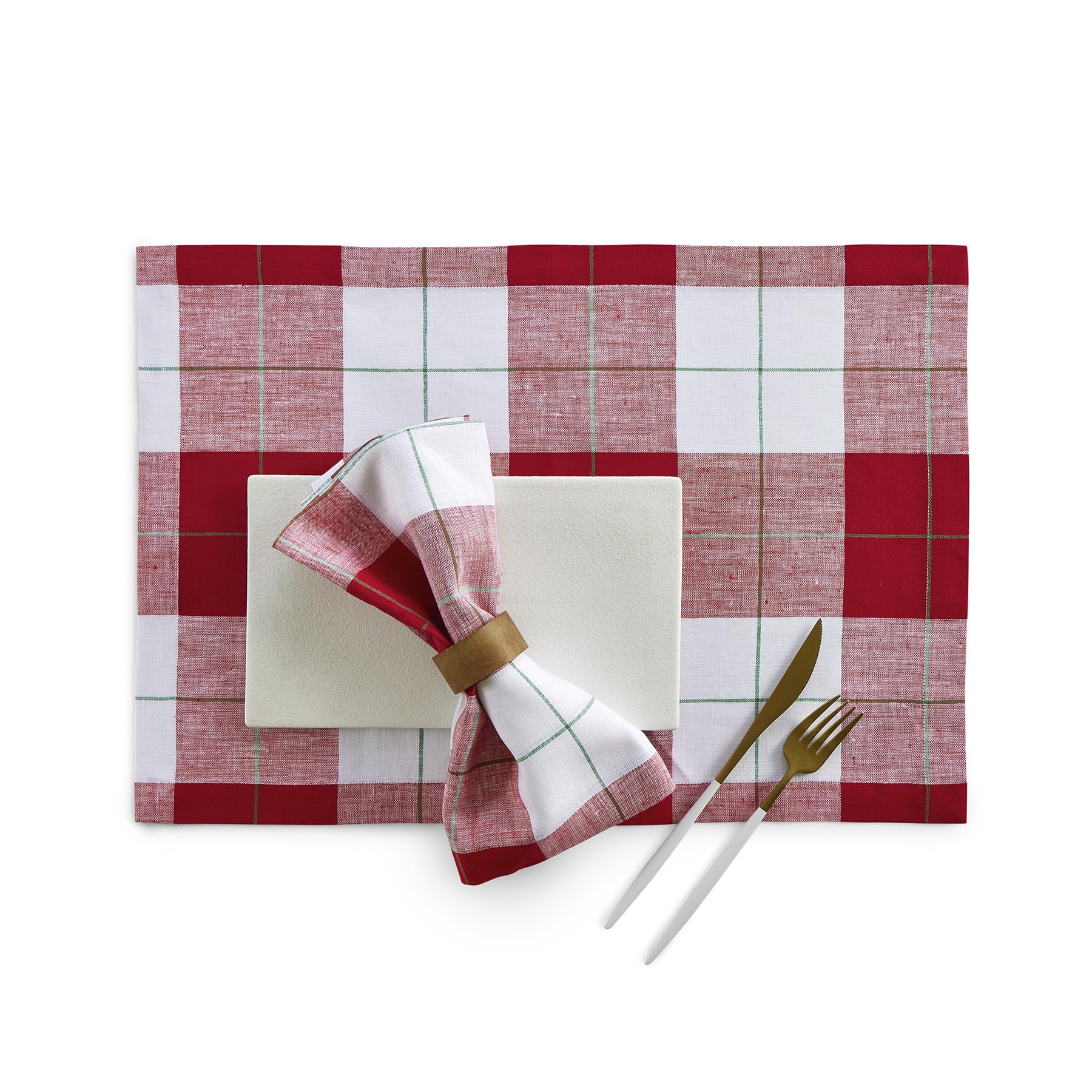 Solino Home Linen Placemats Set Of 4-100% Pure Linen Very Merry Plaid Cloth Placemats 20'' L X 14'' W Inch - Handcrafted And Mac