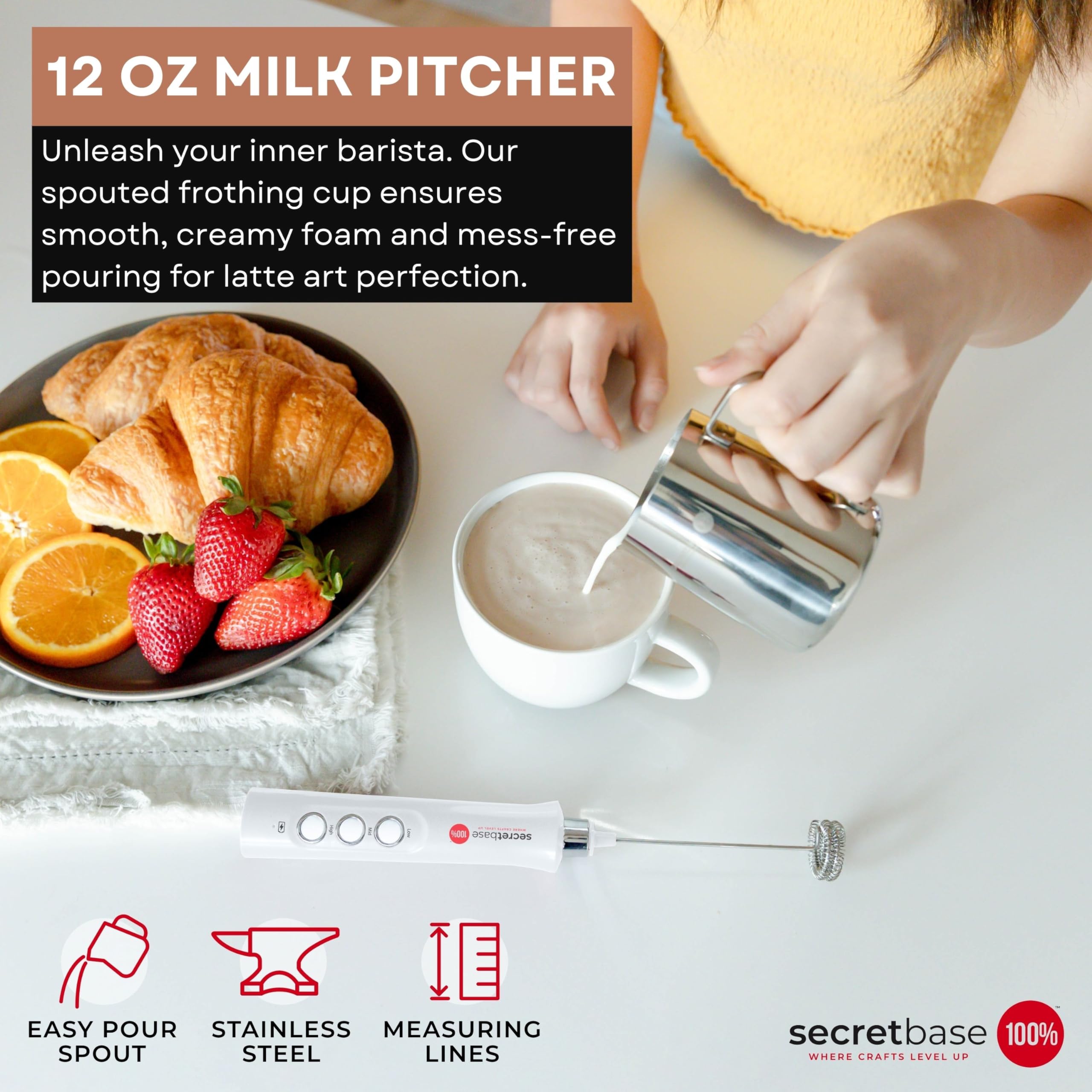 Secretbase 3 Speed Rechargeable Milk Frother, Pitcher, Charging Base - Handheld Frother For Latte, Drinks, Matcha - Includes Cup