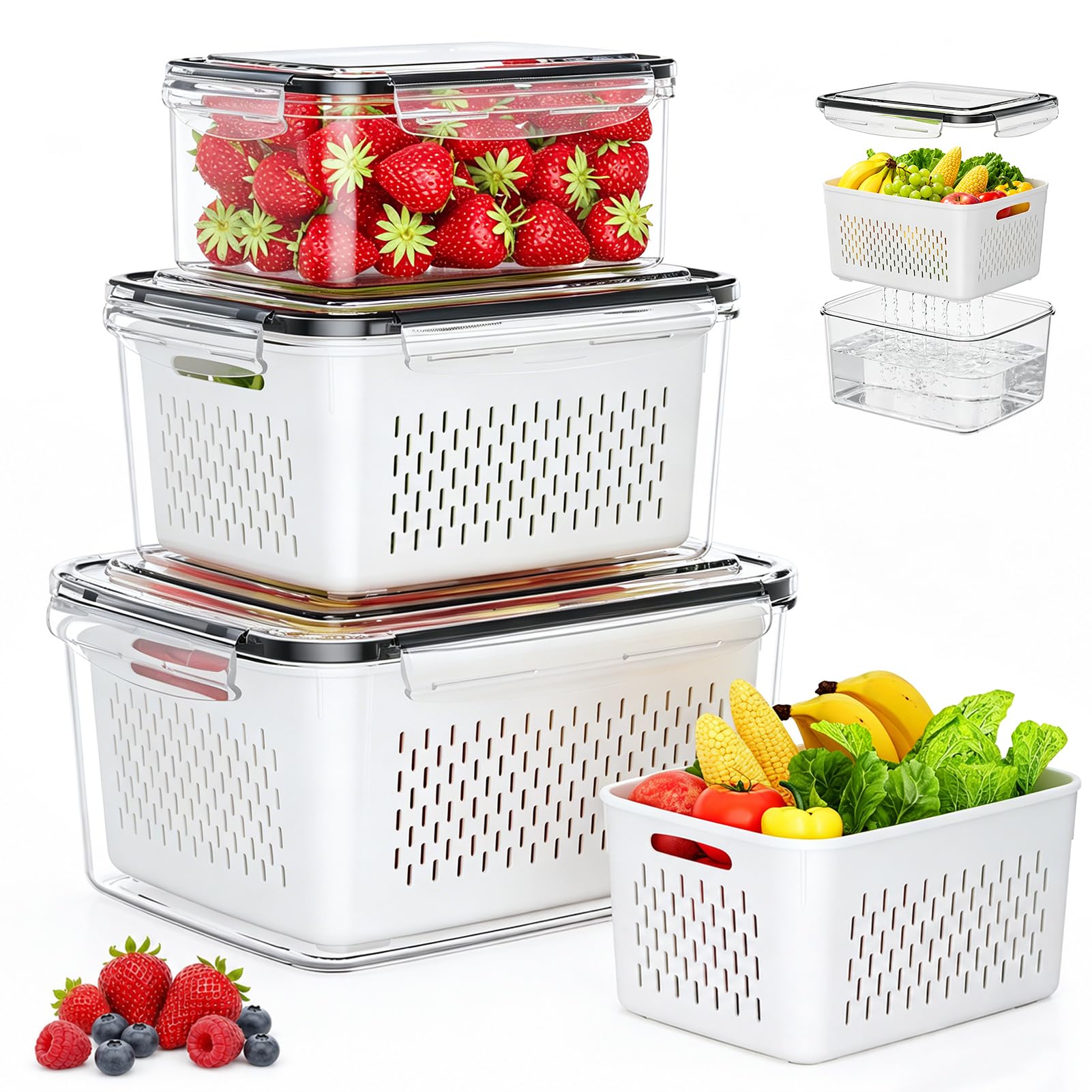 Fruit Storage Containers for Fridge, 3 Pack Plastic Food Storage Container