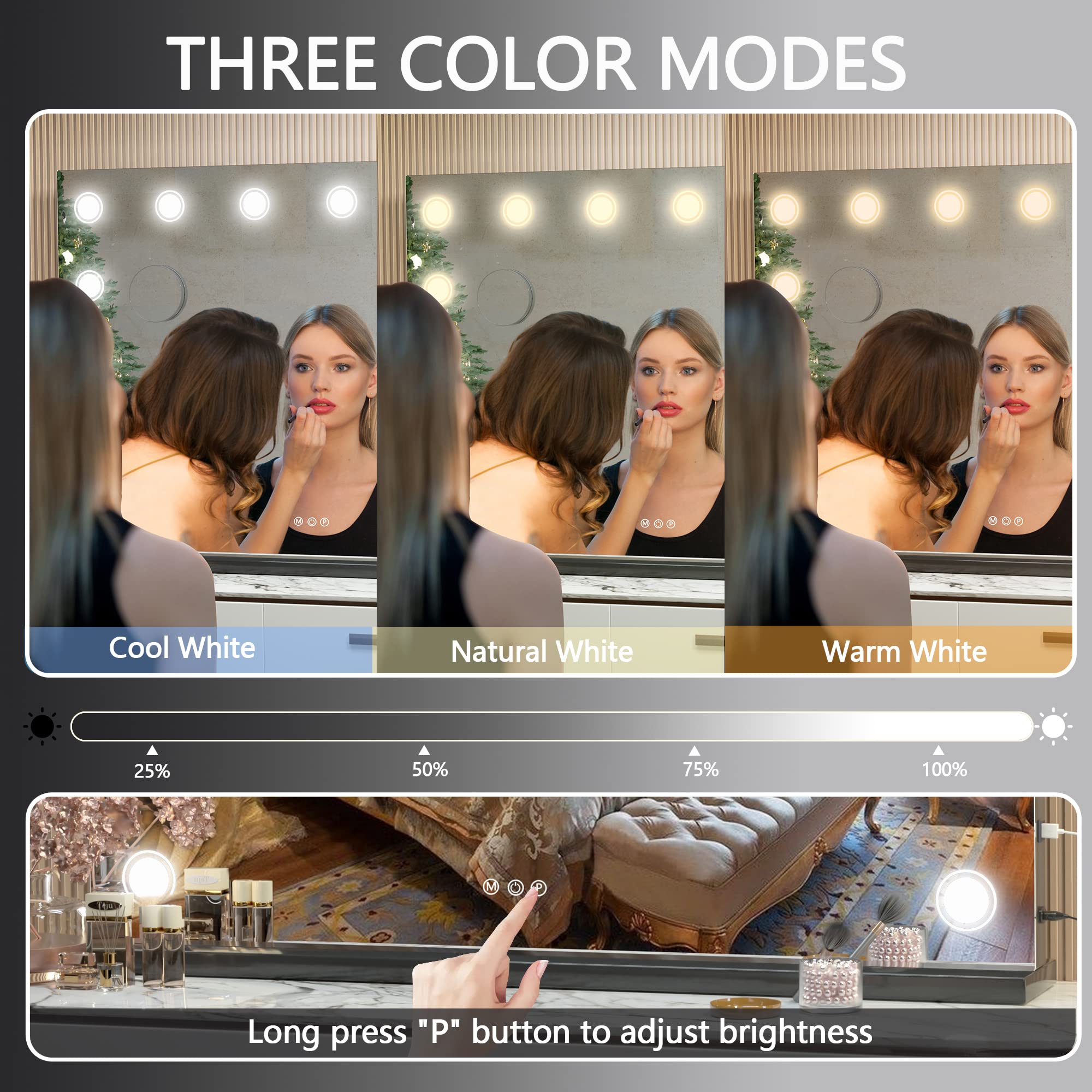 Hasipu Vanity Mirror With Lights, 32'' X 24'' Makeup Mirror, Light Up Mirror With 14 Dimmable Led Lights And 10X Magnification,