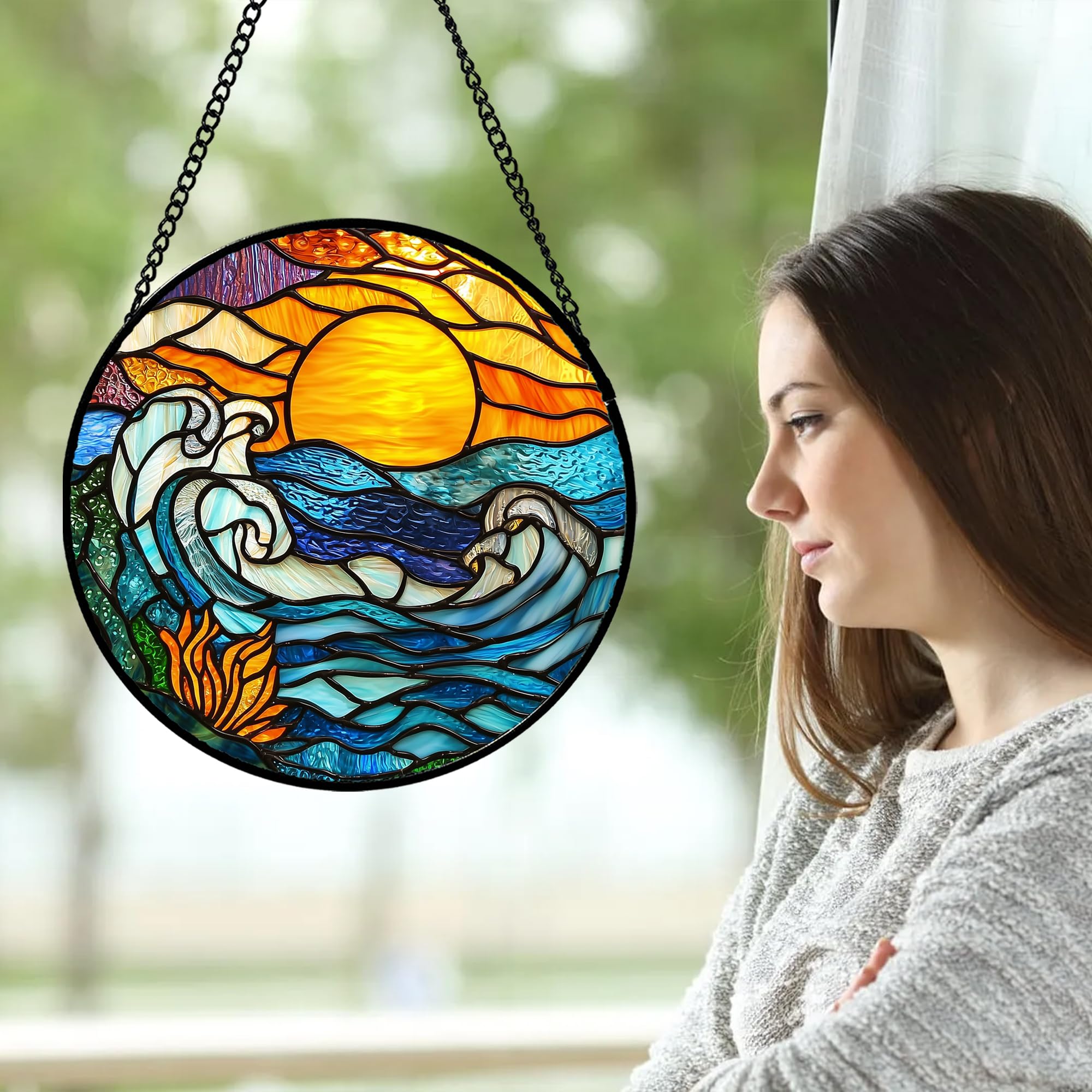 JOSUMALY Stained Glass Window Hanging, Orange Sun Blue Sea Waves Landscape Suncatcher for Doors Window Home Sun Catchers Decor M