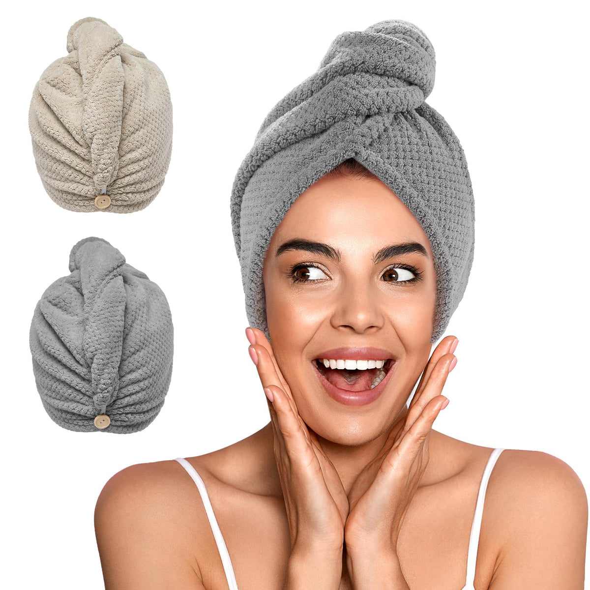 YFONG 2 Pack Microfiber Hair Towel Wrap for Women, Super Absorbent Quick Dry Hair Turban for All Hair Style Anti Frizz, Large Ha