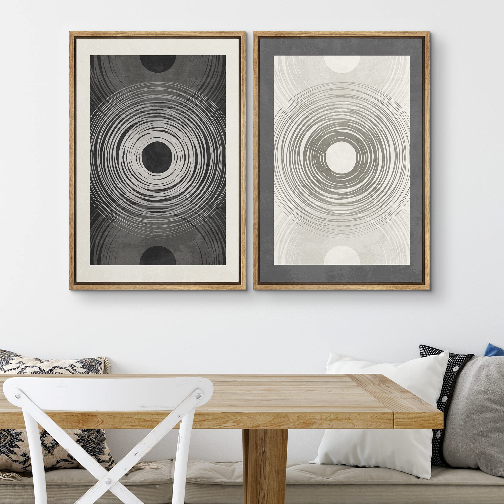 SIGNWIN Framed Canvas Print Wall Art Set Duotone Black White Geometric Ring Landscape Abstract Shapes Illustrations Minimal Decorative Bohemian for Living Room  Bedroom  Office - 16''x24''x2 Natural