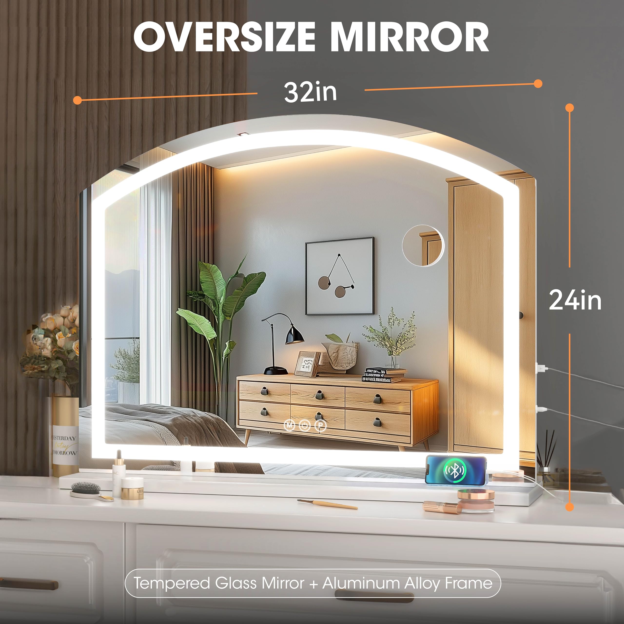Hasipu Arch Vanity Mirror With Light, 32'' X 24'' Arched Led Makeup Mirror With 10X Magnification, Lighted Makeup Mirror With Bl