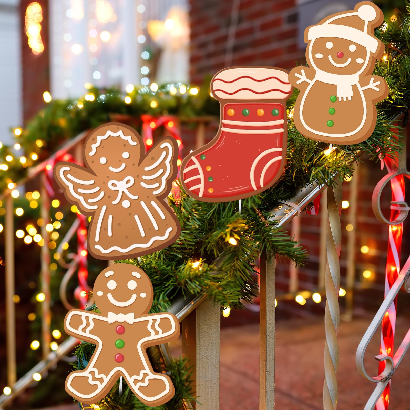 Thyle 20 Pcs Large Gingerbread Man Candy Cane Picks for Christmas Tree 8 Inch Gingerbread and Candy Picks Ornaments for Christma