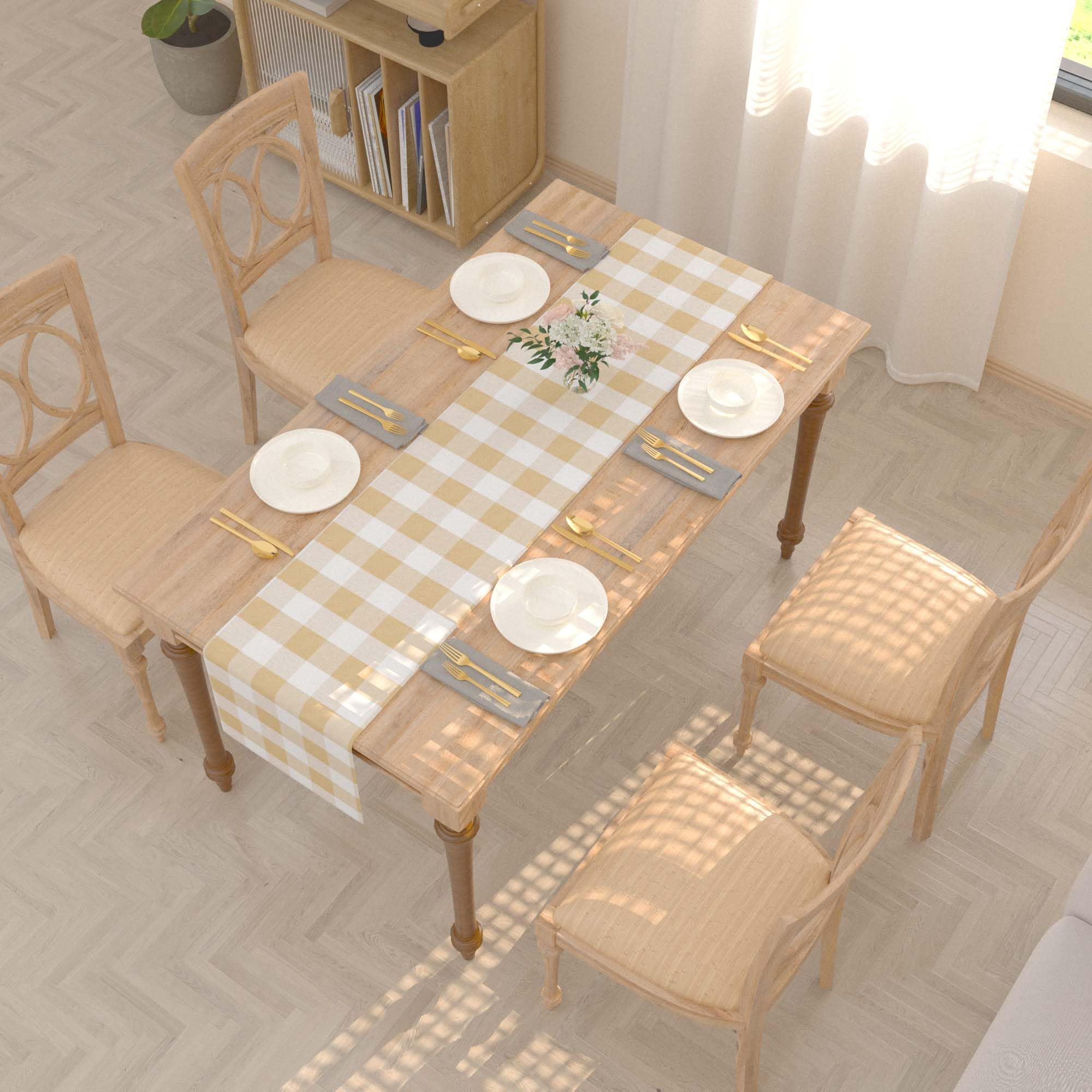 Cotton Beige & White 2 Side Buffalo Check Farmhouse Table Runner For Family Dinners Or Gatherings, Indoor Or Outdoor Parties, Ev