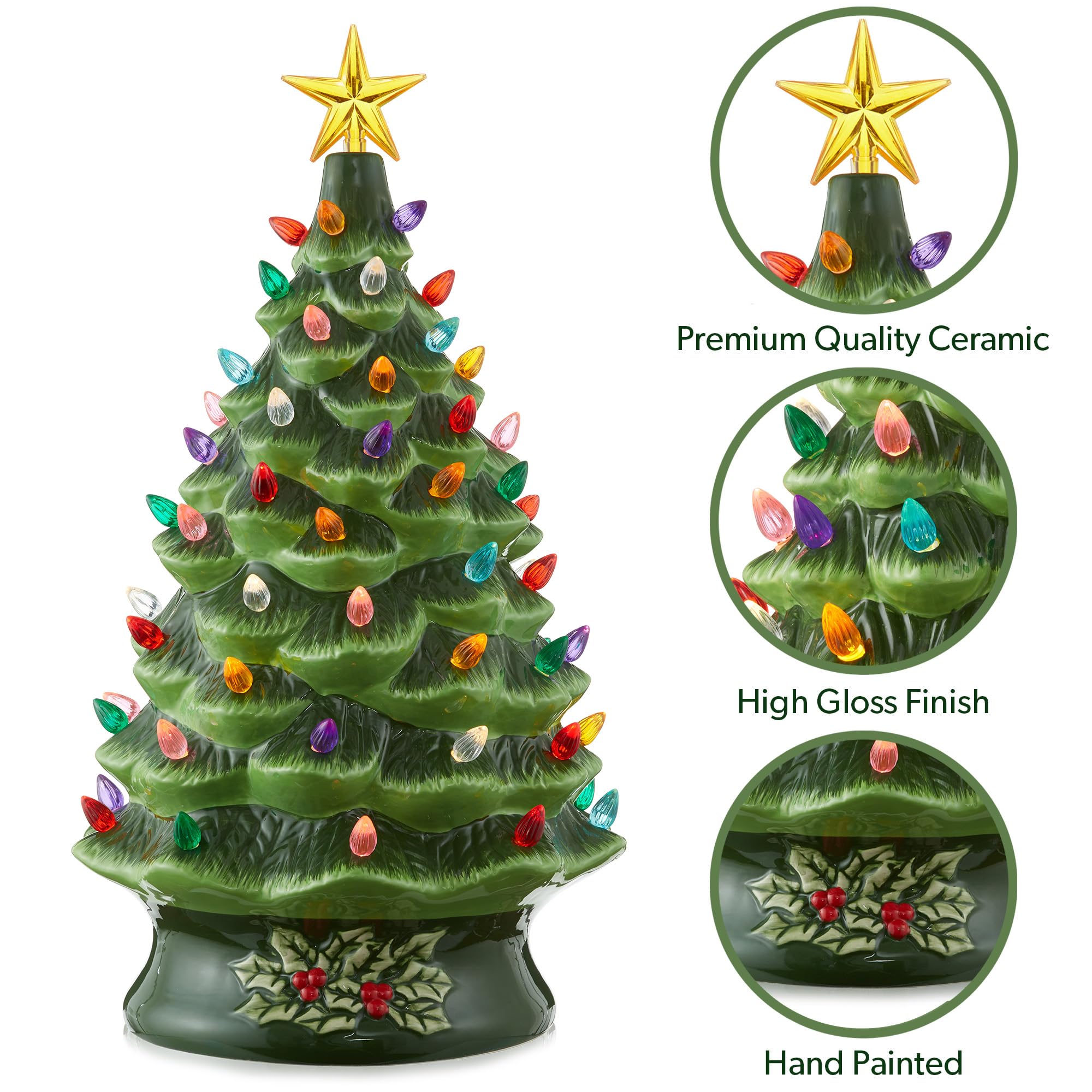 Casafield Hand Painted Ceramic Christmas Tree, Green 24-Inch Pre-Lit Tree with 148 Multi Color Lights and 2 Star Toppers
