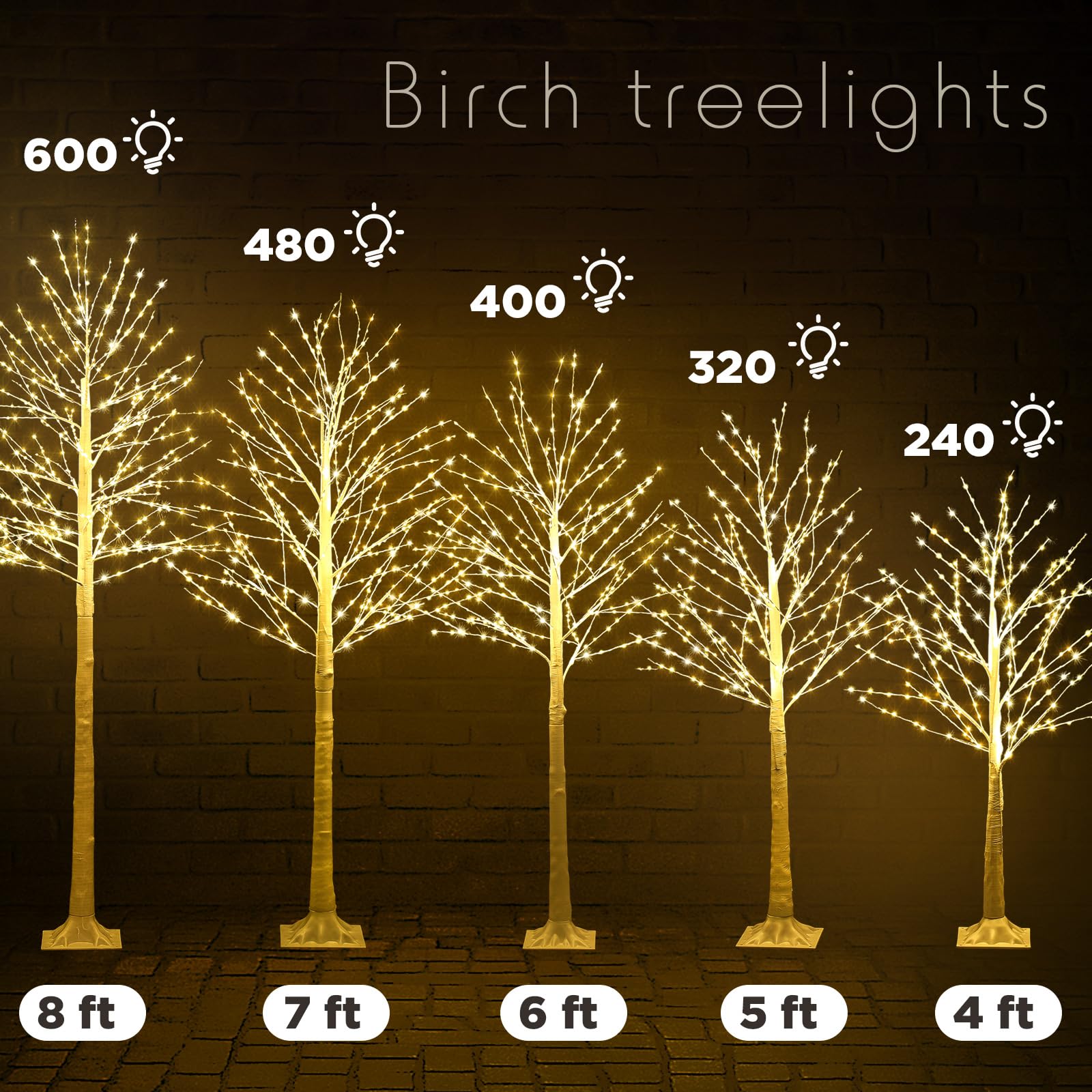 Baquler 6 Pack Lighted Birch Tree - 4 5 6 7 8 Large Christmas Warm-White LED 8 Mode Light Birch Tree Decoration Set for Tha