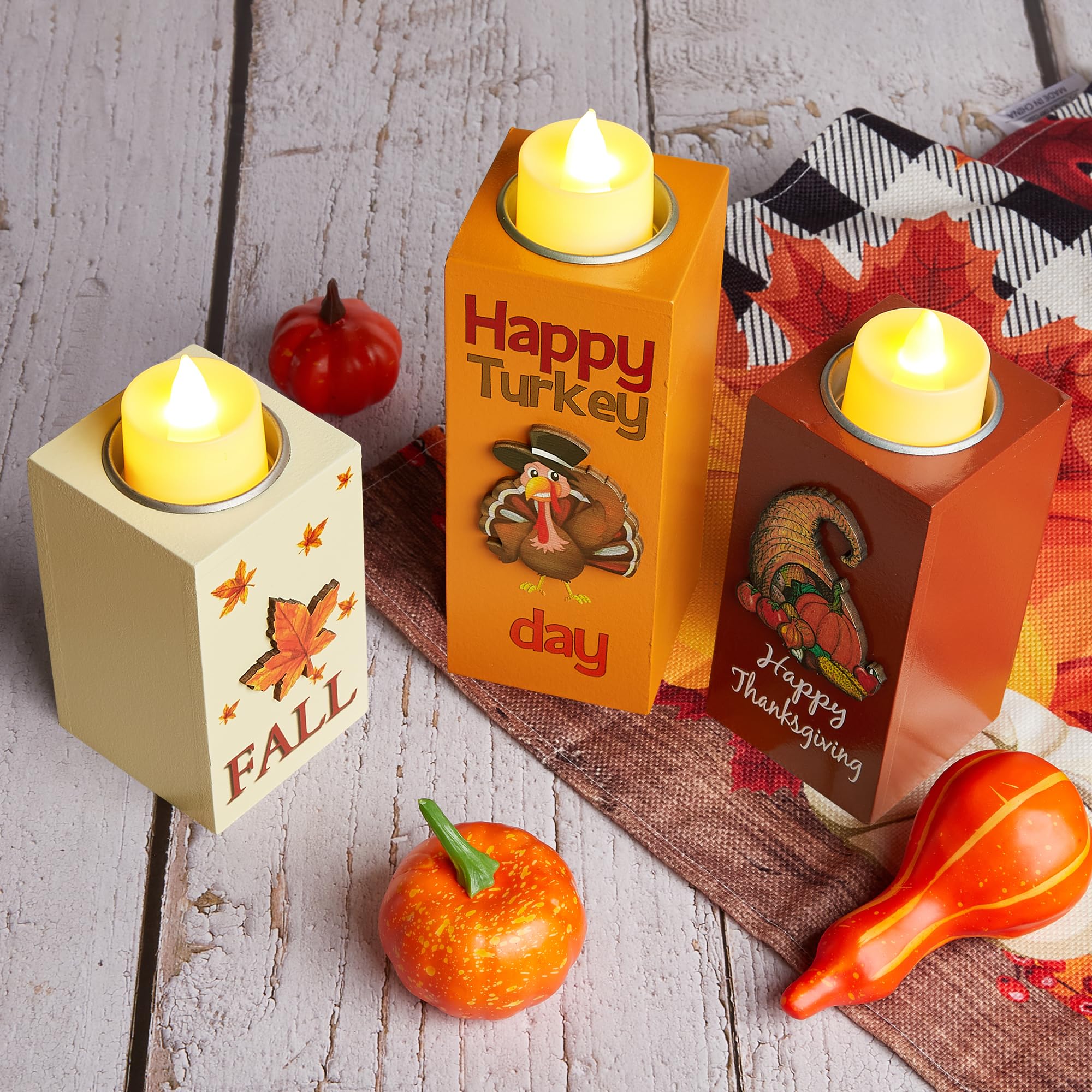 BlcTec Thanksgiving Decorations for Home 3 PCS Wood Candle Holders with LED Tea Lights & 3D Carving Craft, Rustic Candle Centerp
