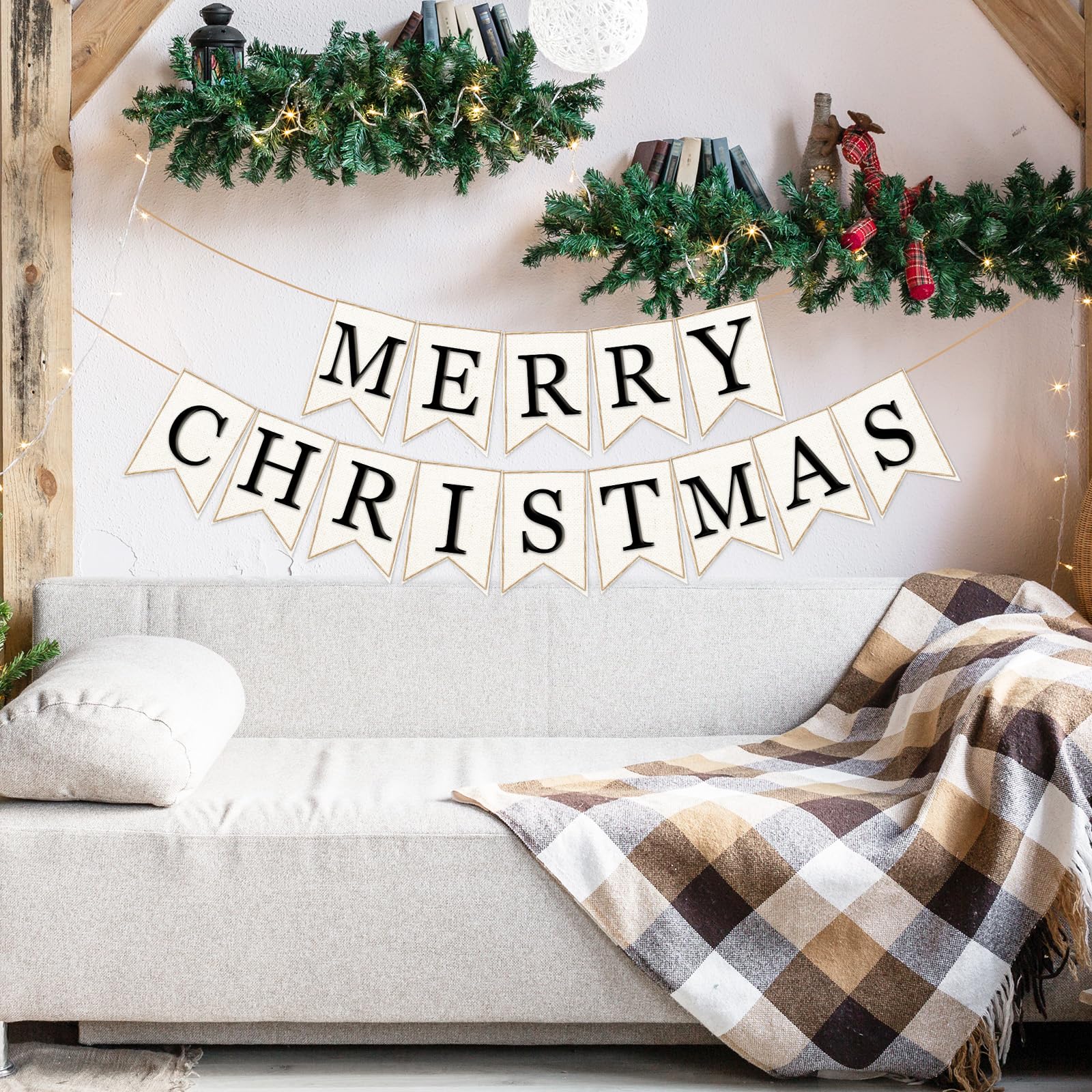 Whaline 2Pcs Christmas Burlap Banner Felt Merry Christmas Banner Black White Pre-Assembled Xmas Bunting Garland For Home Party H