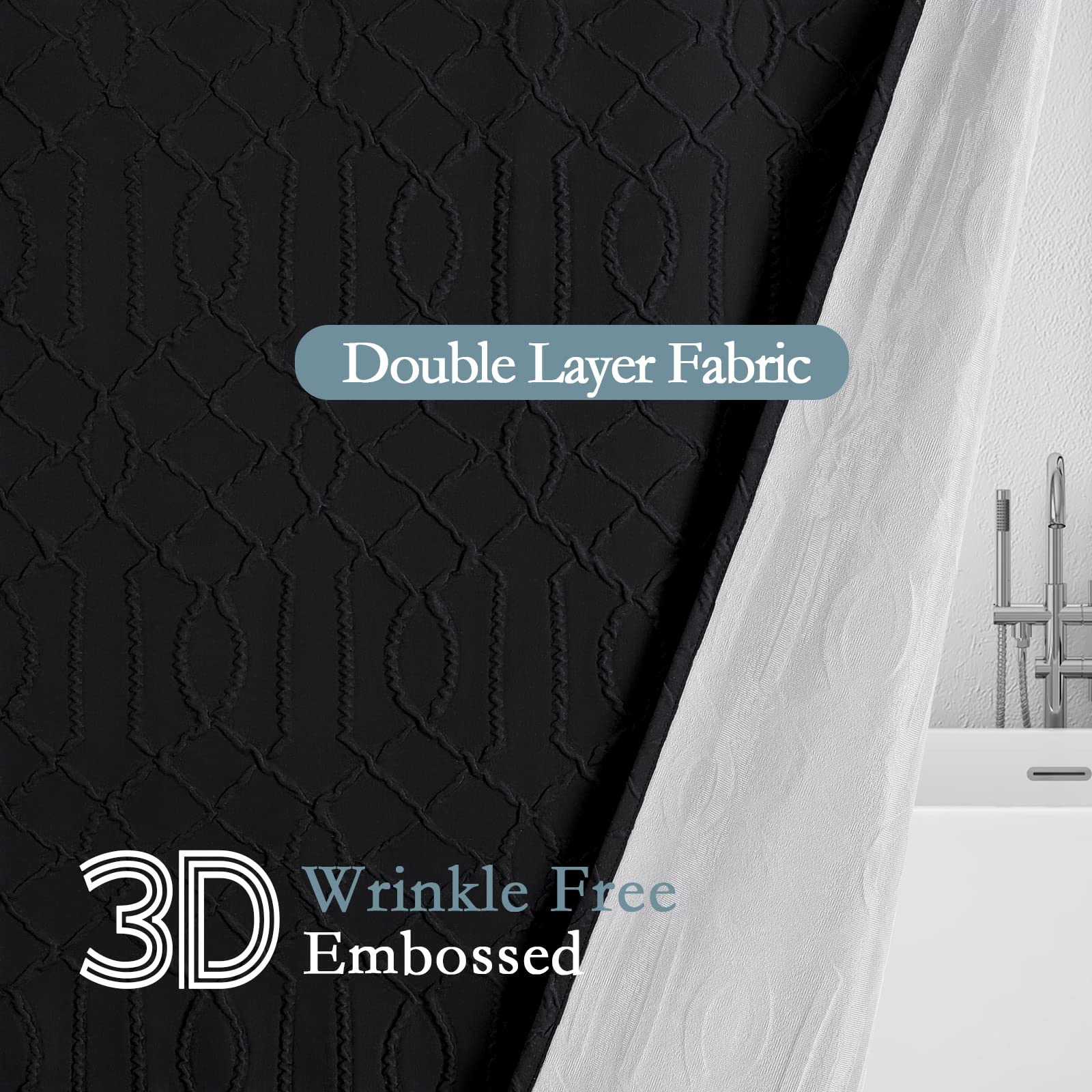 Gibelle Black Shower Curtain For Bathroom, 3D Embossed Geometric Textured Fabric Shower Curtain Set With Hooks, Modern Farmhouse