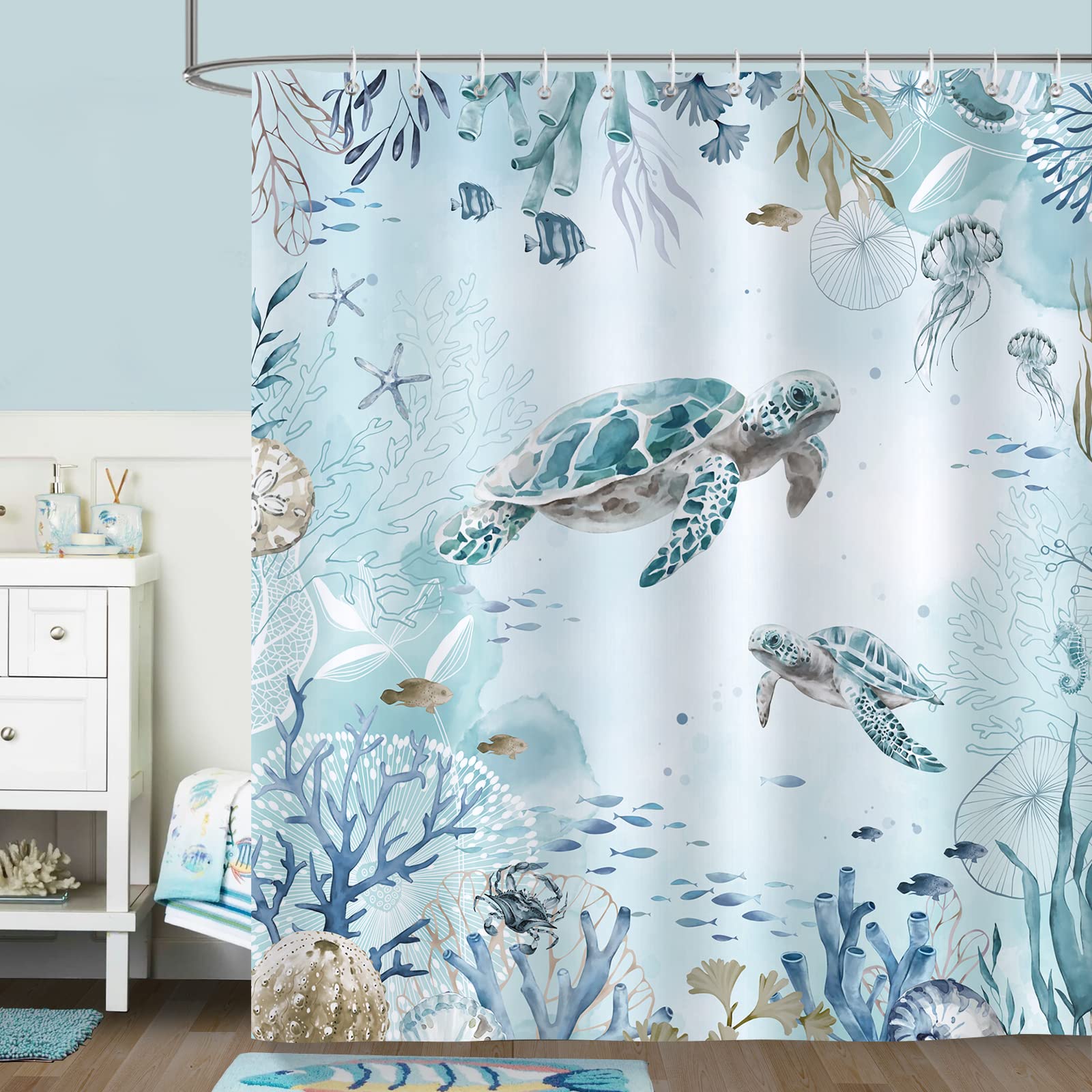 Bonhause Sea Turtle Shower Curtain For Bathroom Teal Blue Ocean Beach Coastal Decorative Bath Curtain 72 X 84 Inch Polyester Fab