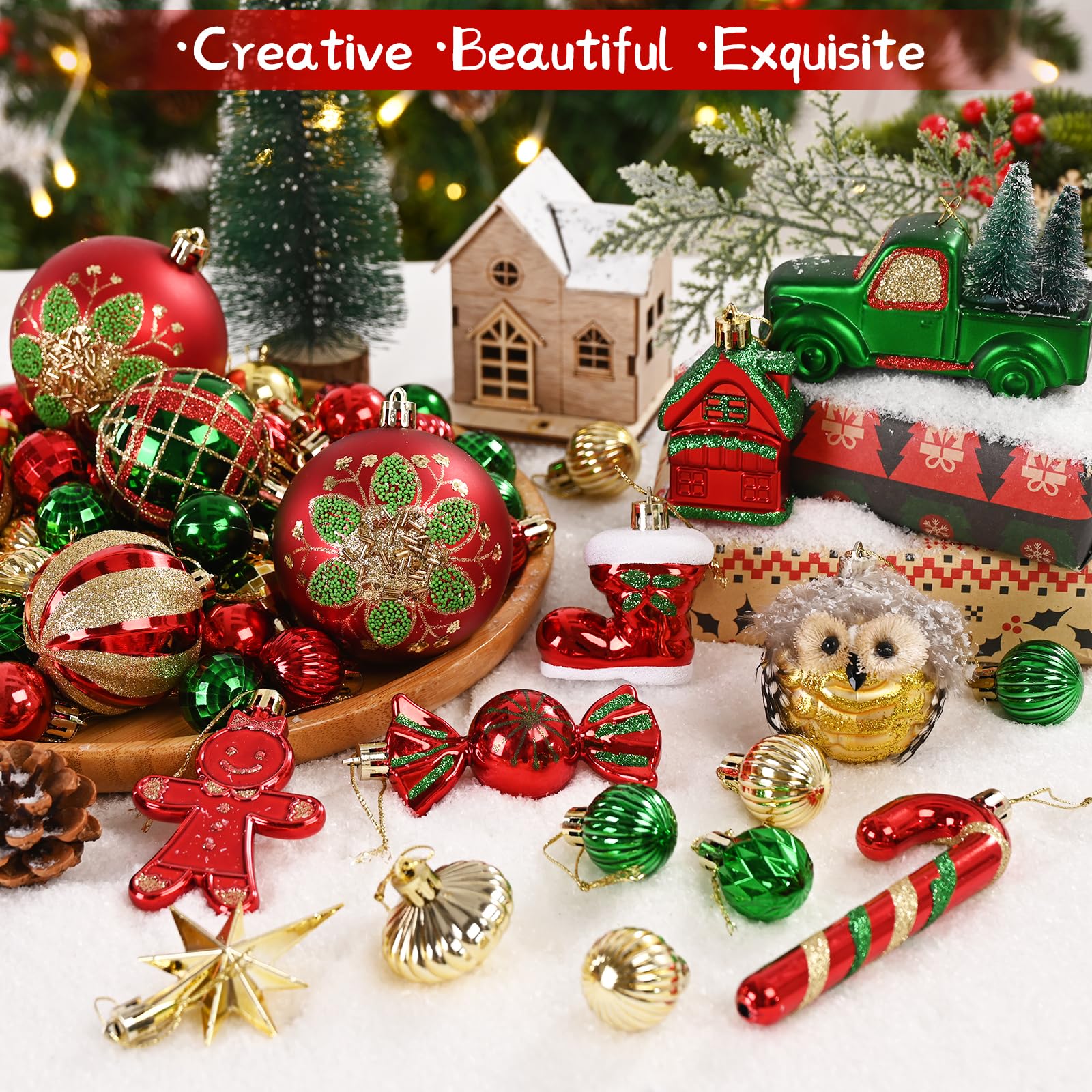 Dolicer 100 Pcs Christmas Ornaments Various Elements Christmas Tree Ornaments Set Red Gold Green Christmas Ball Ornament Shatter