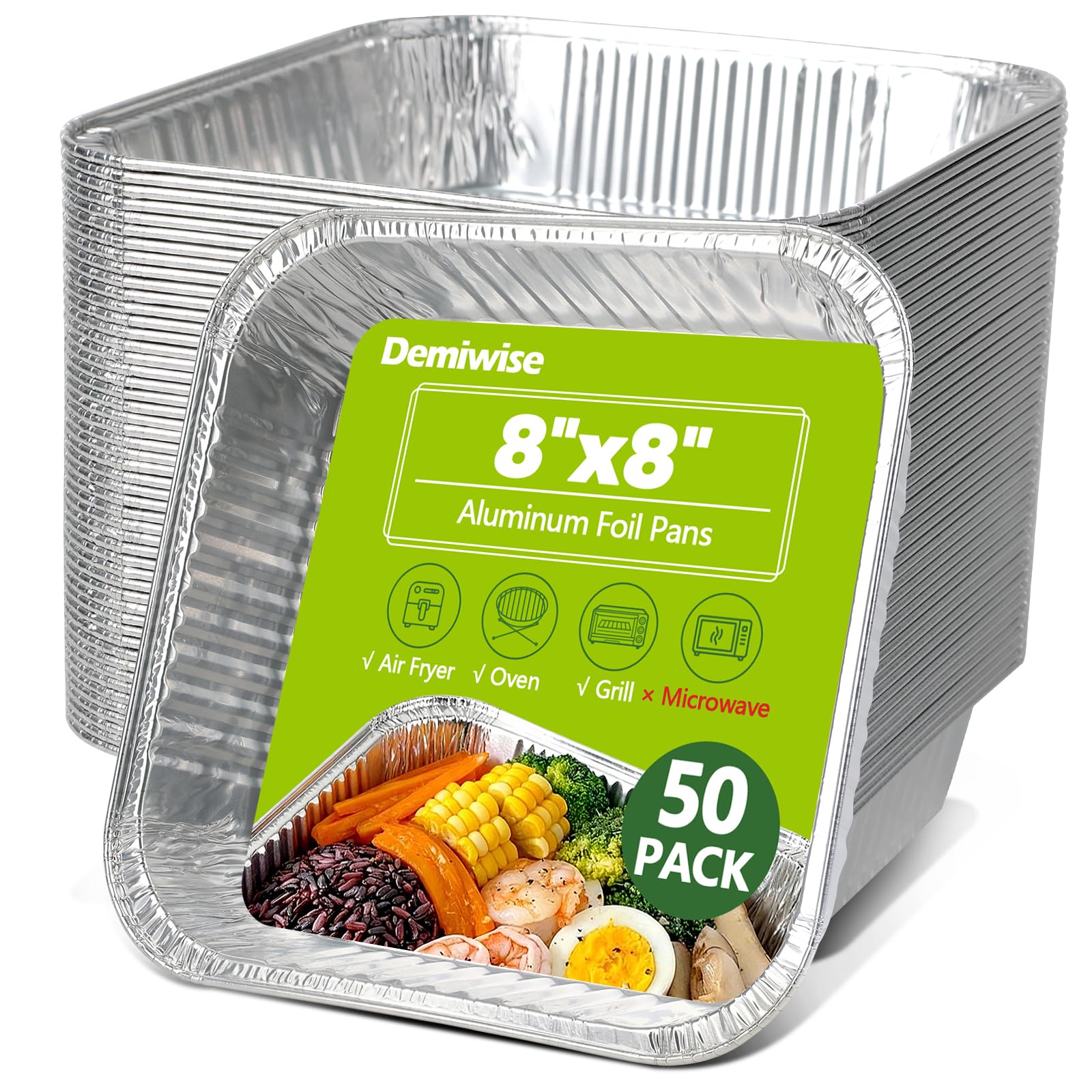 Demiwise Thickened 50 Pack Heavy Duty Aluminum Pans, 8x8 Small Disposable Aluminum Baking Pans, Square Tin Foil Roasting Tray fo