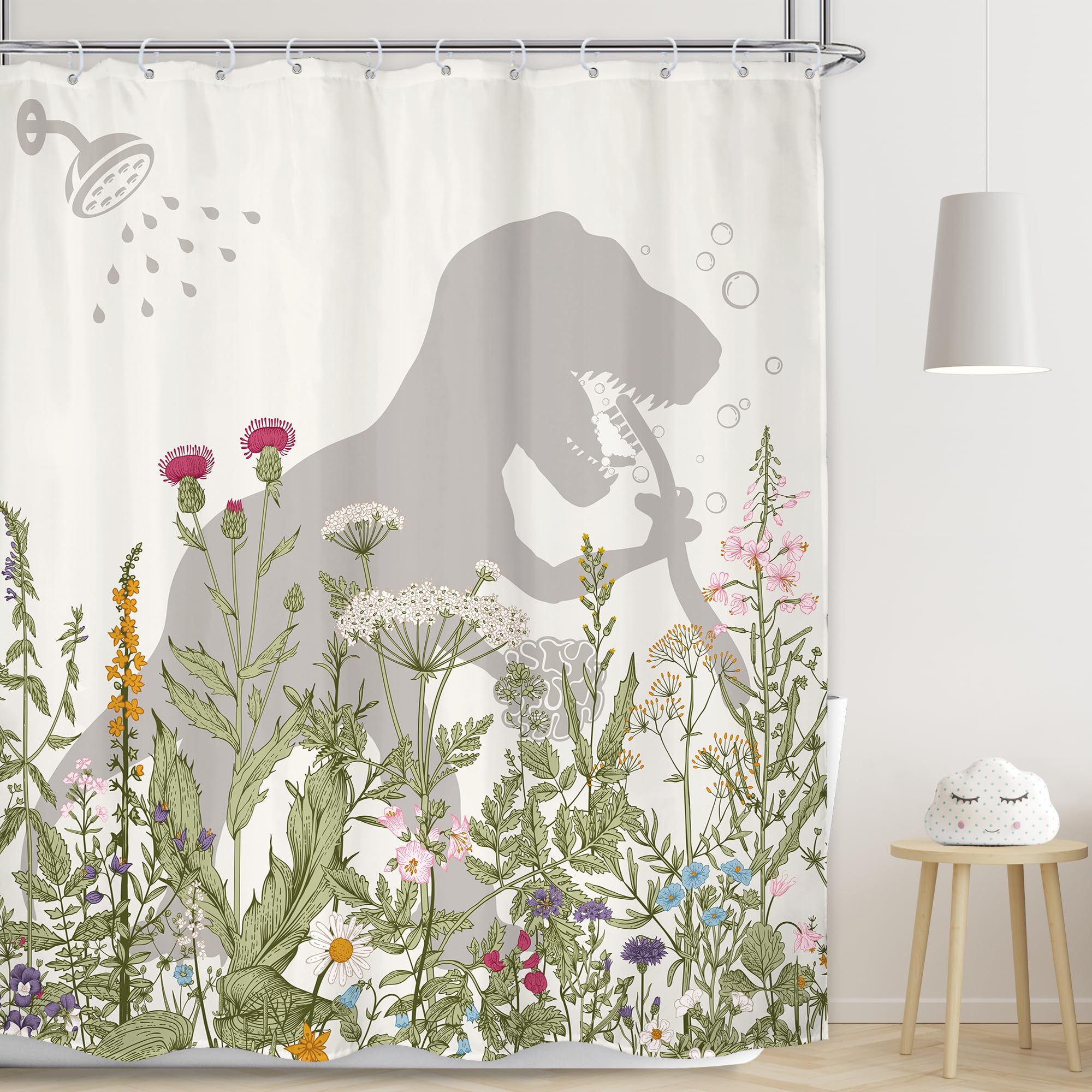 Lghtyro Wildflower Dinosaur Kids Shower Curtain Bathroom Set 71Wx71H Inches Funny Dino Silhouette Floral Rustic Plant Leaves Bot