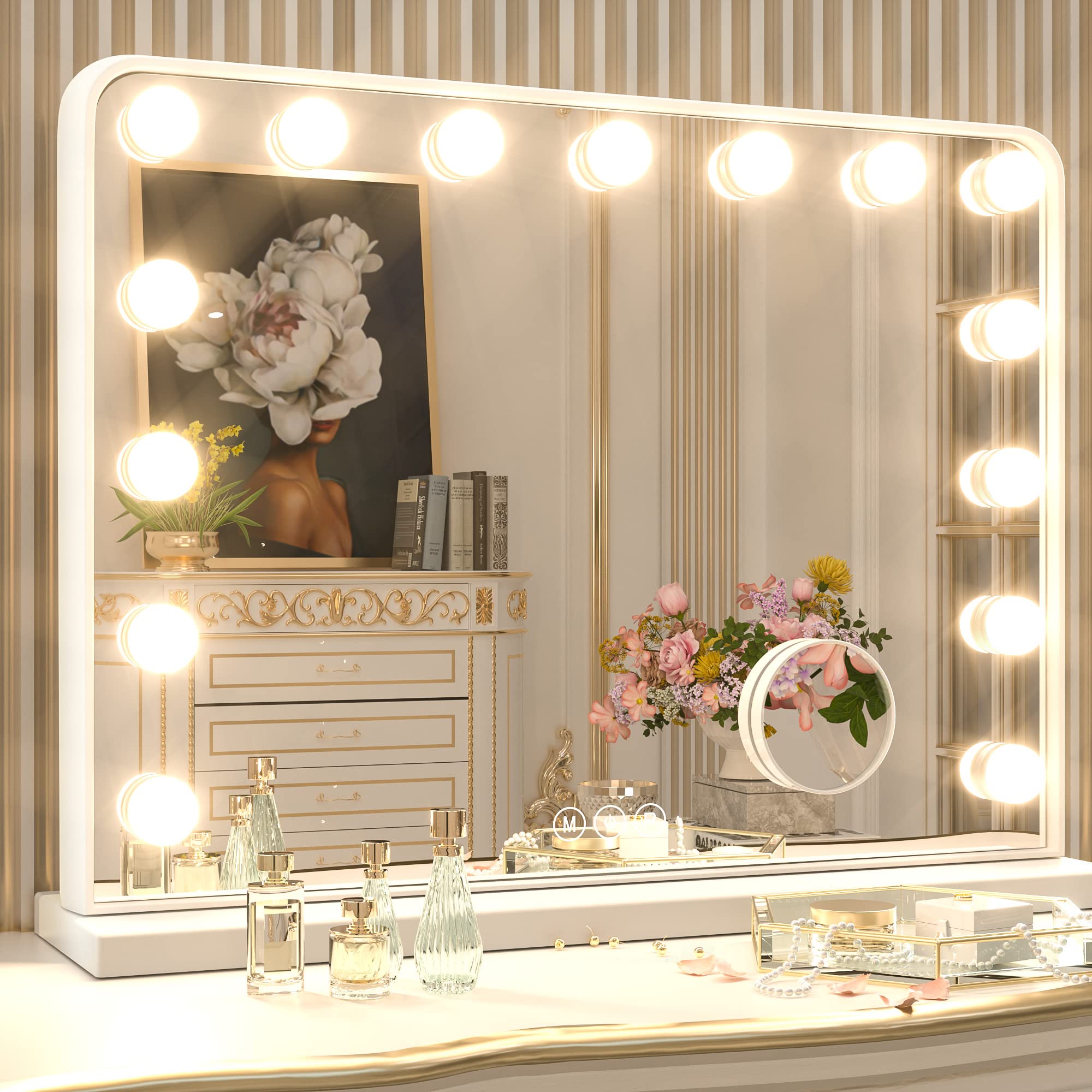 Keonjinn Large Vanity Mirror With Lights, 15 Replaceable Bulbs Hollywood Makeup Mirror With 2 Replacement Bulbs, 3-Color Lights,