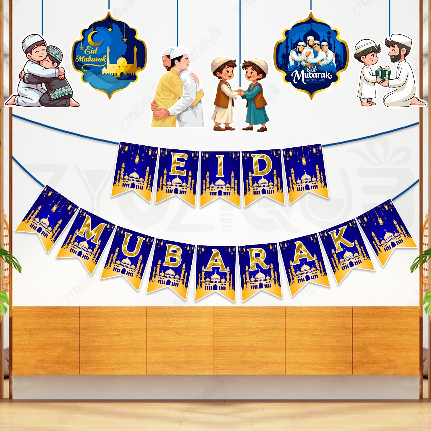Zyozique Gold & Blue Eid Mubarak Paper Banner with Ceiling Hangings Combo, Islamic Party Supplies, Eid Mubarak Decorations Item 