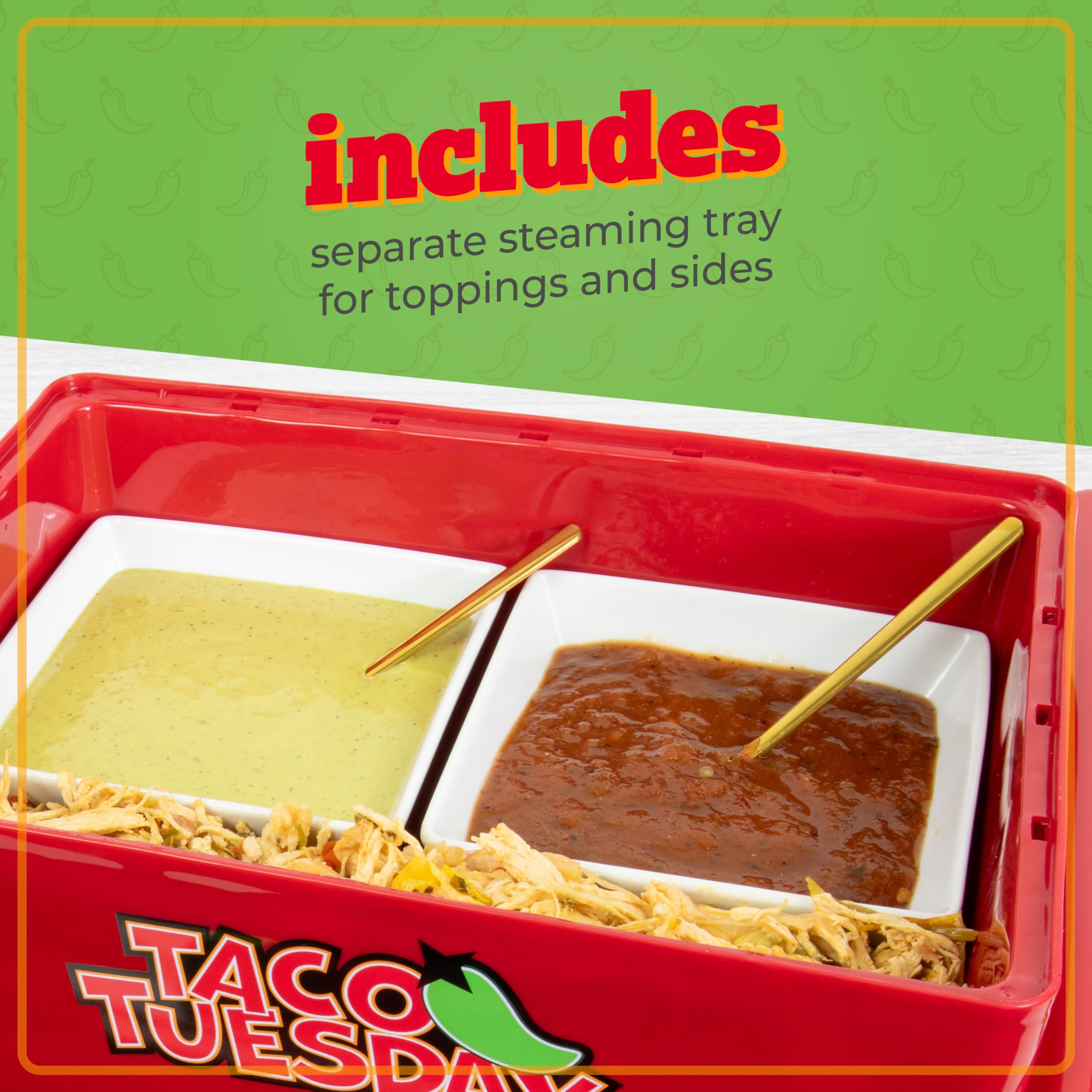 Nostalgia Taco Tuesday Tamales Steamer - 2-Tier Red & Green, Plastic/Metal, Model TTTS48RD6A, Perfect for Veggies, Pot Stickers, & More