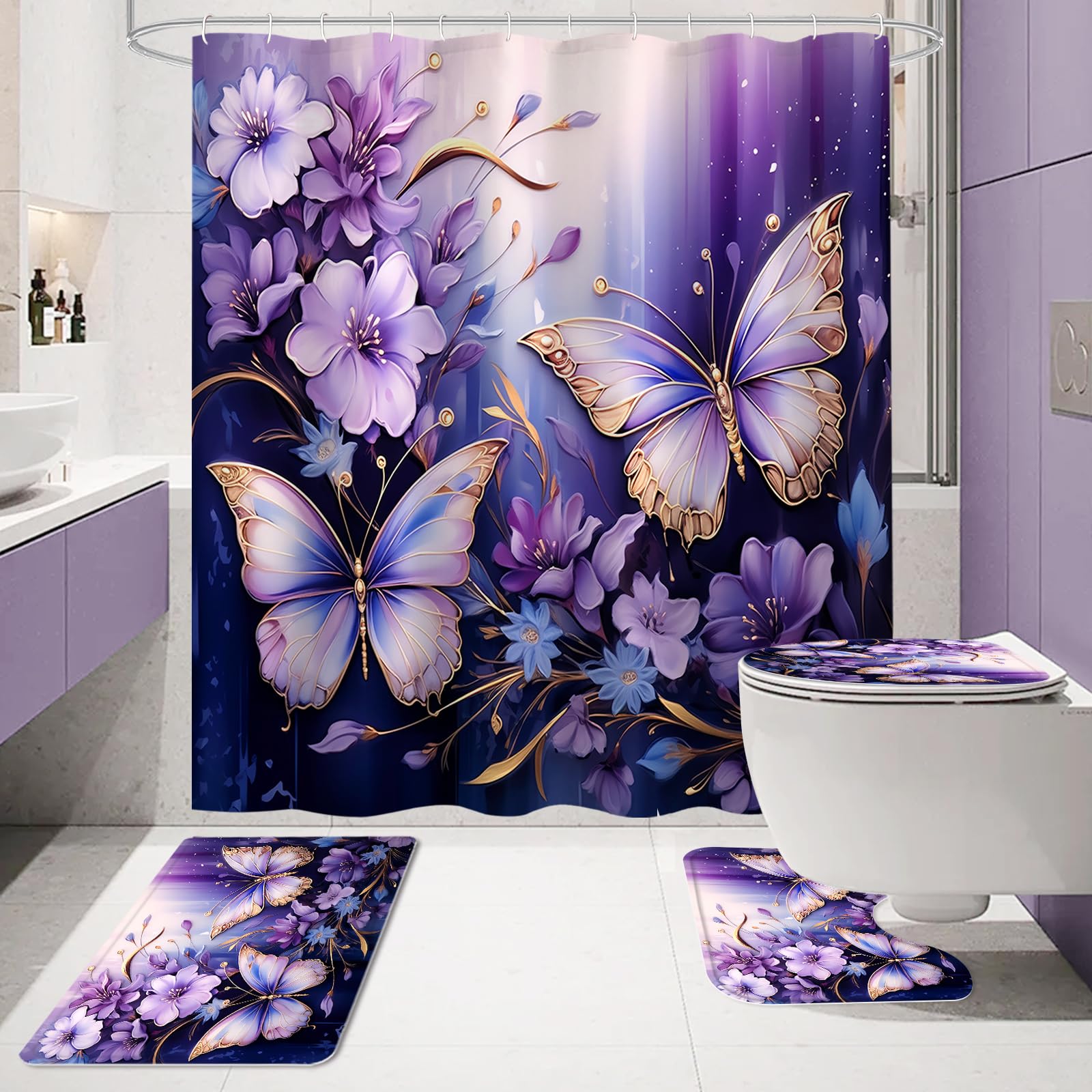 Litabel 4 Pcs Purple Floral Butterfly Shower Curtain Set With Non-Slip Rugs, Modern Toilet Lid Cover And Bath Mat, Elegant Bathr