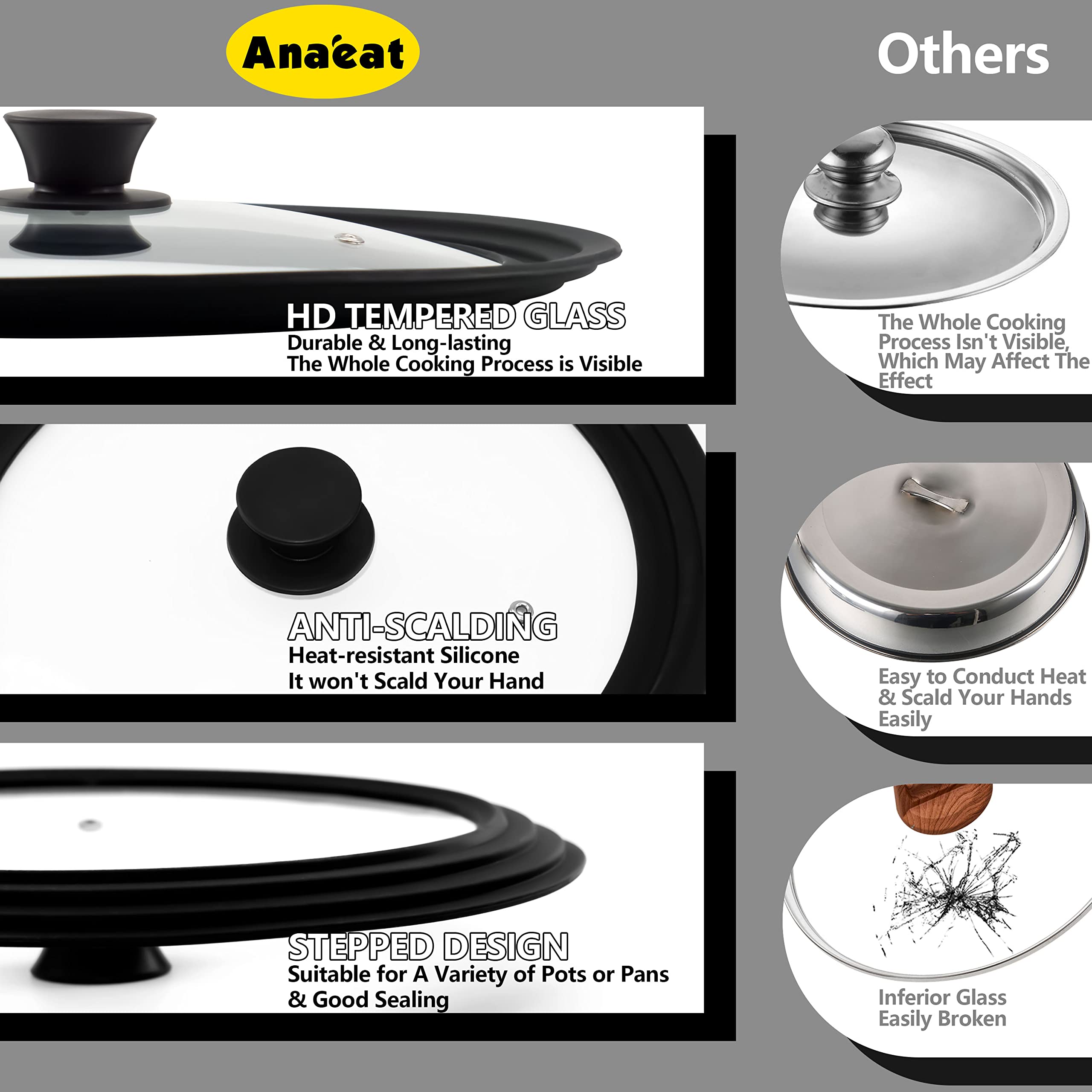 Anaeat Silicone Universal Lid For Pots, Pans And Skillets - Tempered Glass Covered With Heat Resistant Silicone Rim Fits All 6 T