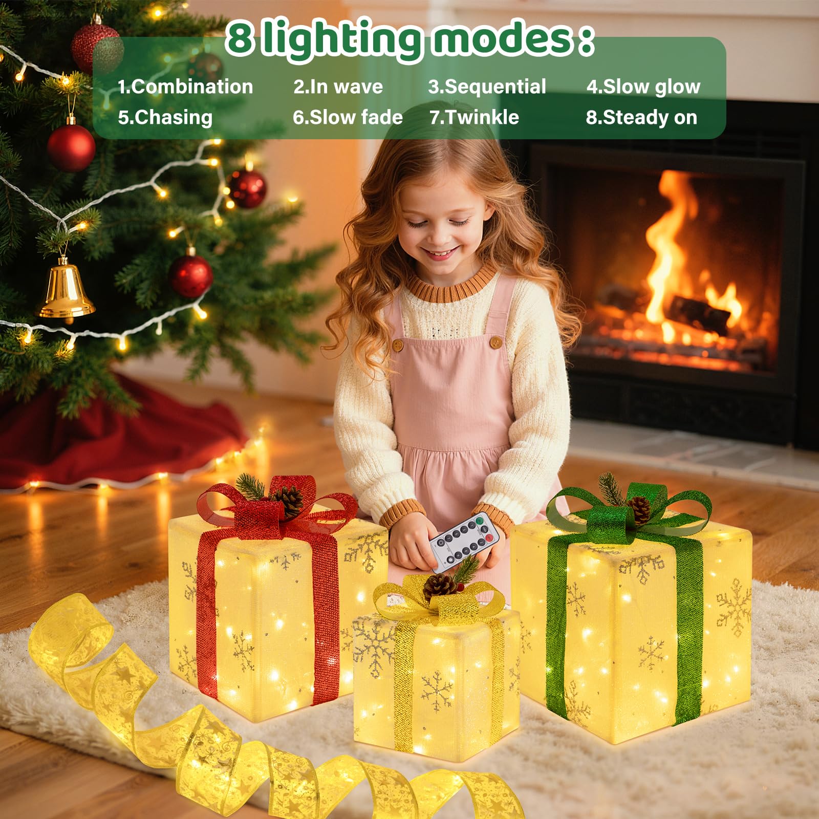 Attmu Set of 3 Christmas Lighted Gift Boxes, 102 LED Light Up Battery Operated Gift Present Boxes, 16ft Christmas Tree Ribbon &