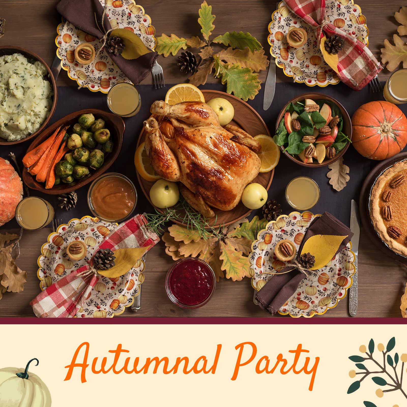 Confettiville Thanksgiving Paper Plates, 50-Count Fall-Themed Decorative Disposable Serving Plates, Cream, Gold Foil Scalloped E