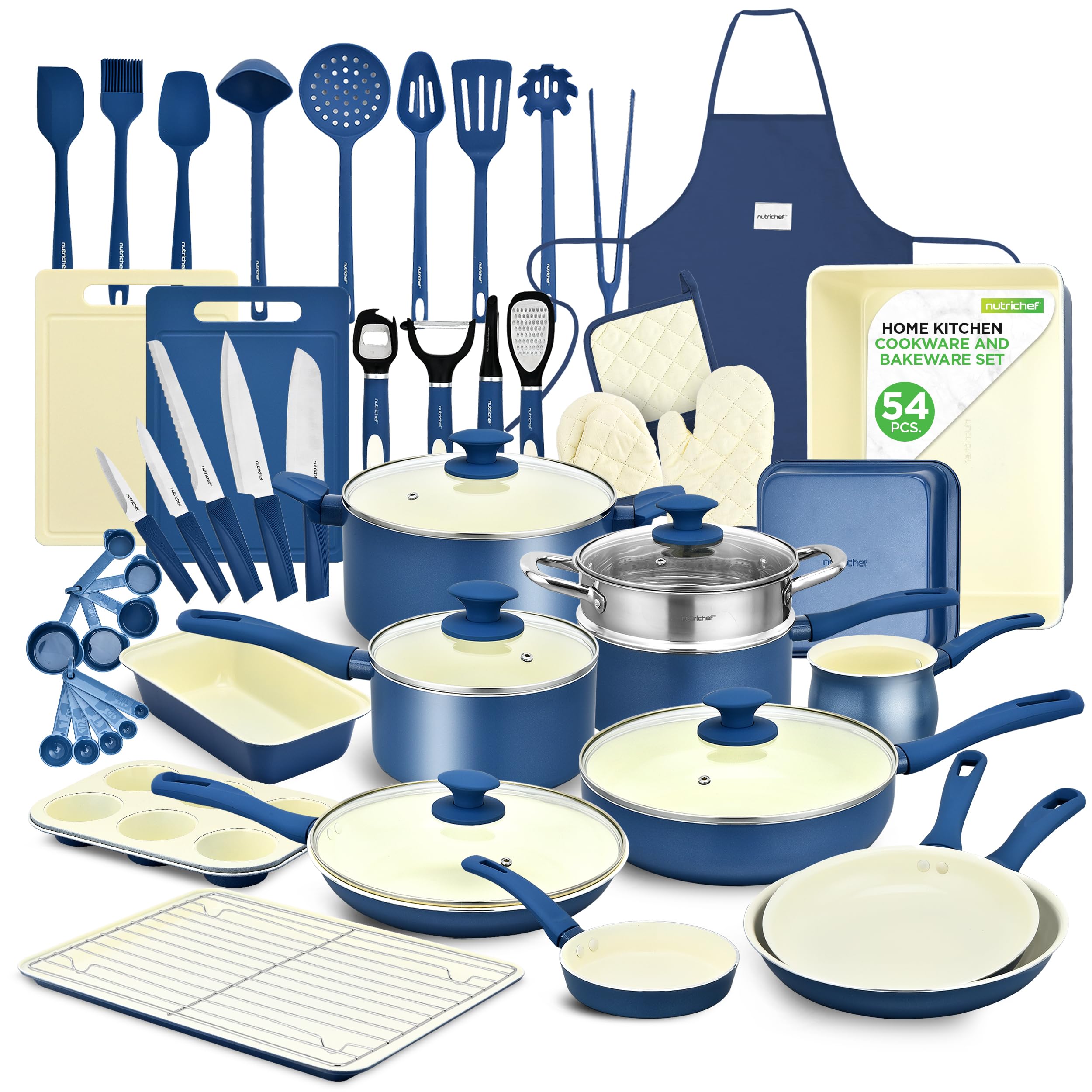 NutriChef 54 Piece Professional Grade Complete Home Kitchen Cookware Set, Ceramic Non-Stick Bakeware, Pots and Pans Kit, Safe fo