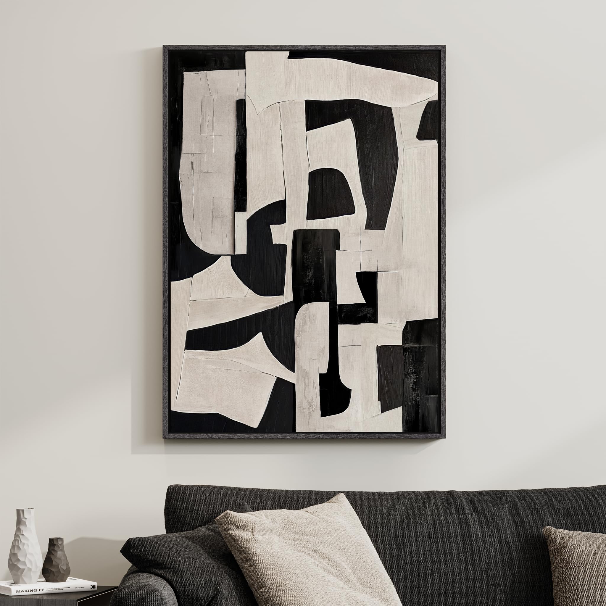 Framed Black And White Abstract Wall Art, Modern Canvas Prints Paintings Artwork For Walls, Minimalist Neutral Black Beige Pictu