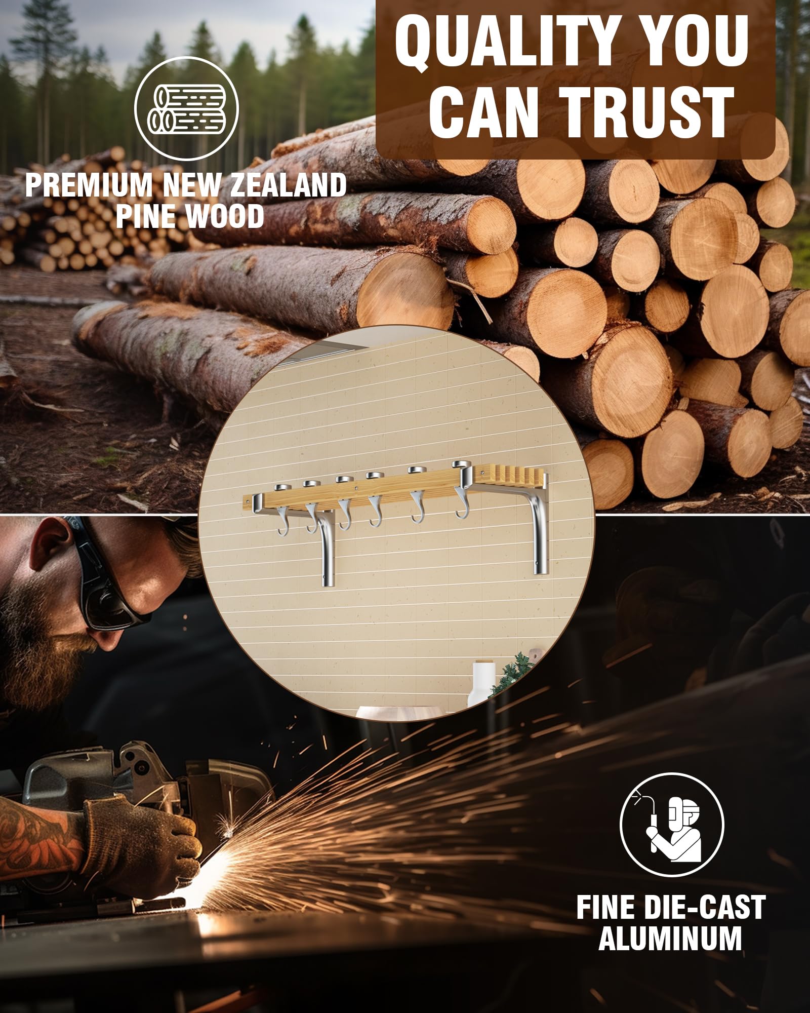 Cooks Standard Wall Mounted Wooden Pot Rack, 36 By 8-Inch