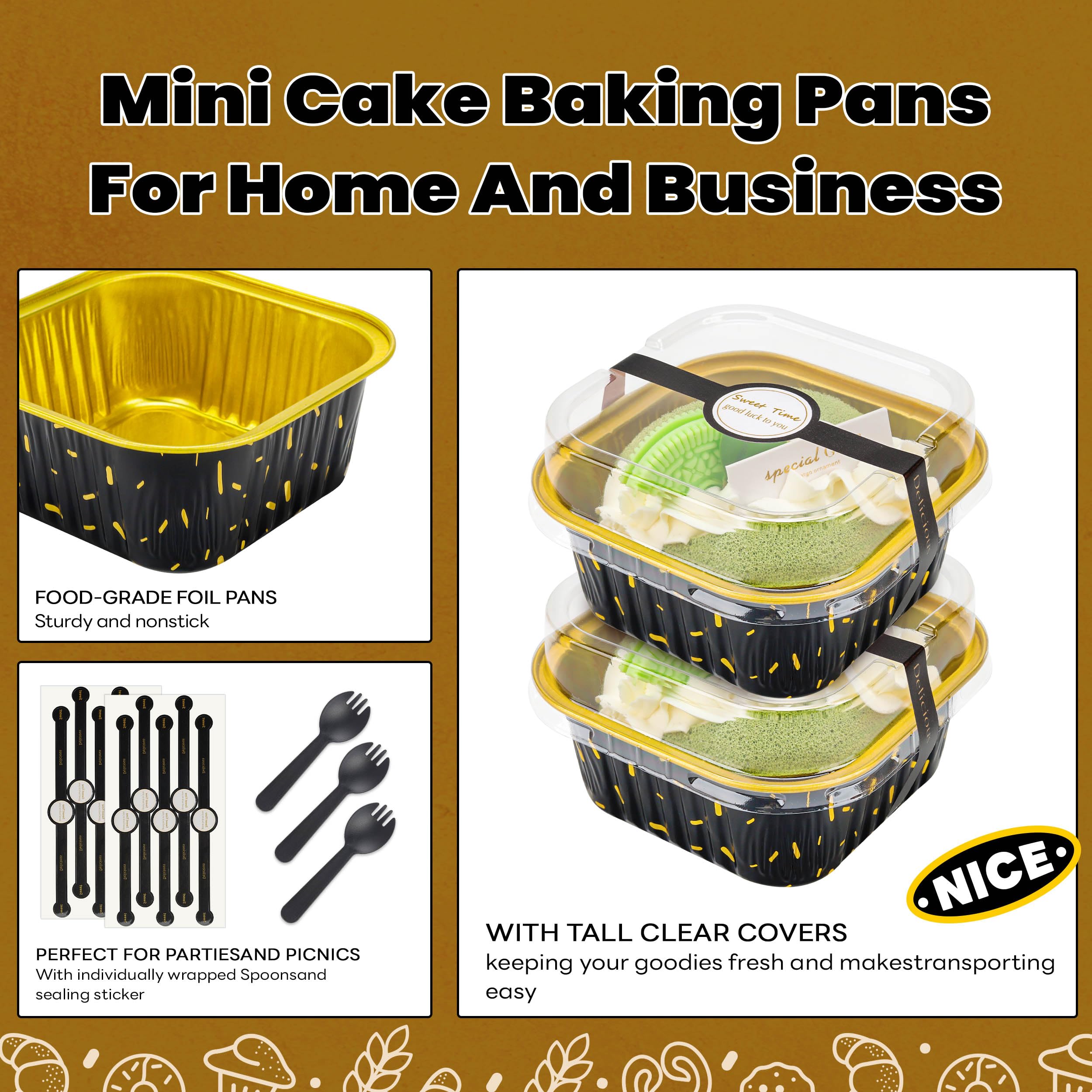 NPLUX 60 Pack Mini Cake Pans with Lids Square Mini Aluminum Pans Pie Tins Flan Containers for Wedding Birthday Party Gift (5OZ,