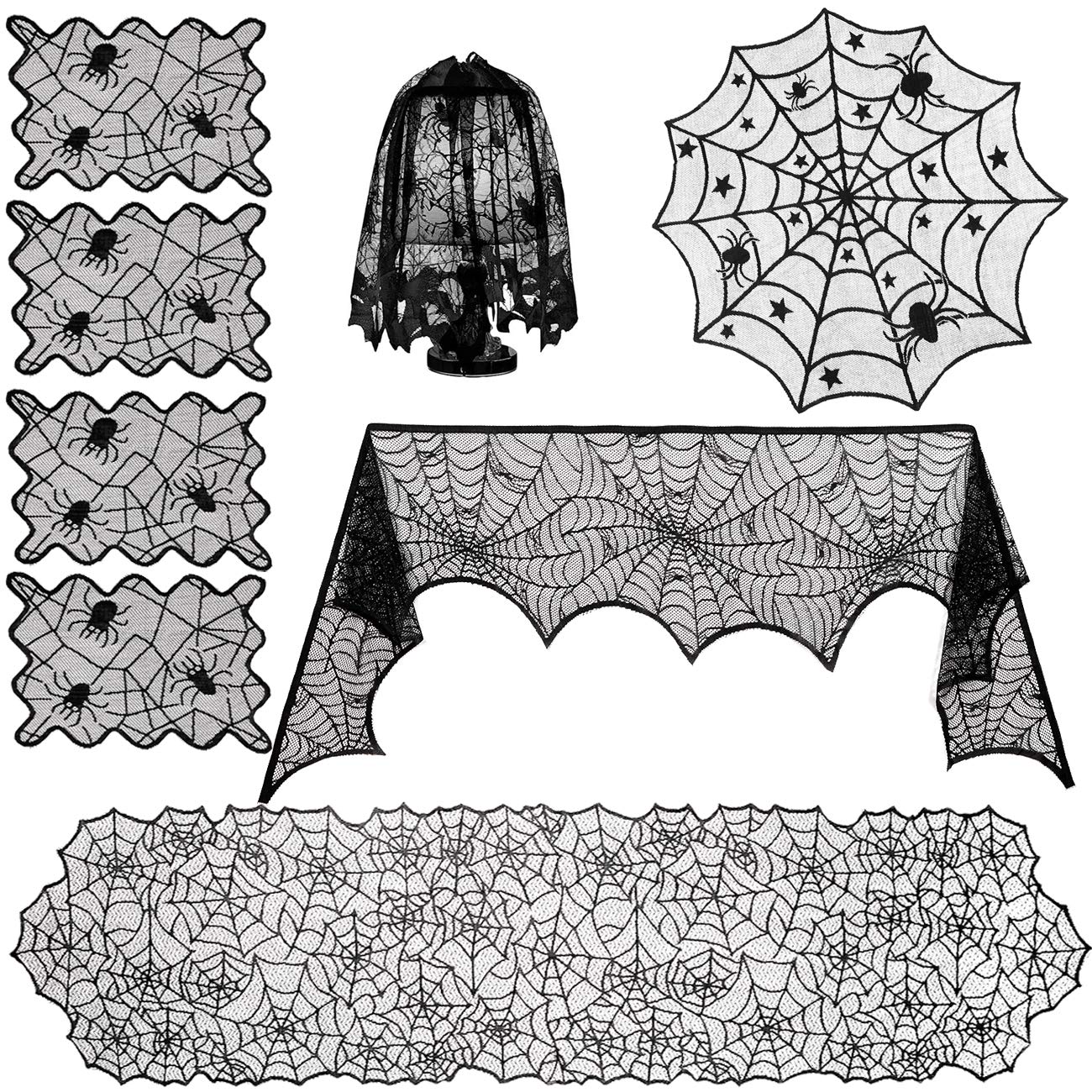 Sunnyglade 8 Pack Halloween Spider Cobweb Lace Tablecloth Set,Fireplace Mantel Scarf & Lace Table Runner & Round Table Cover & S