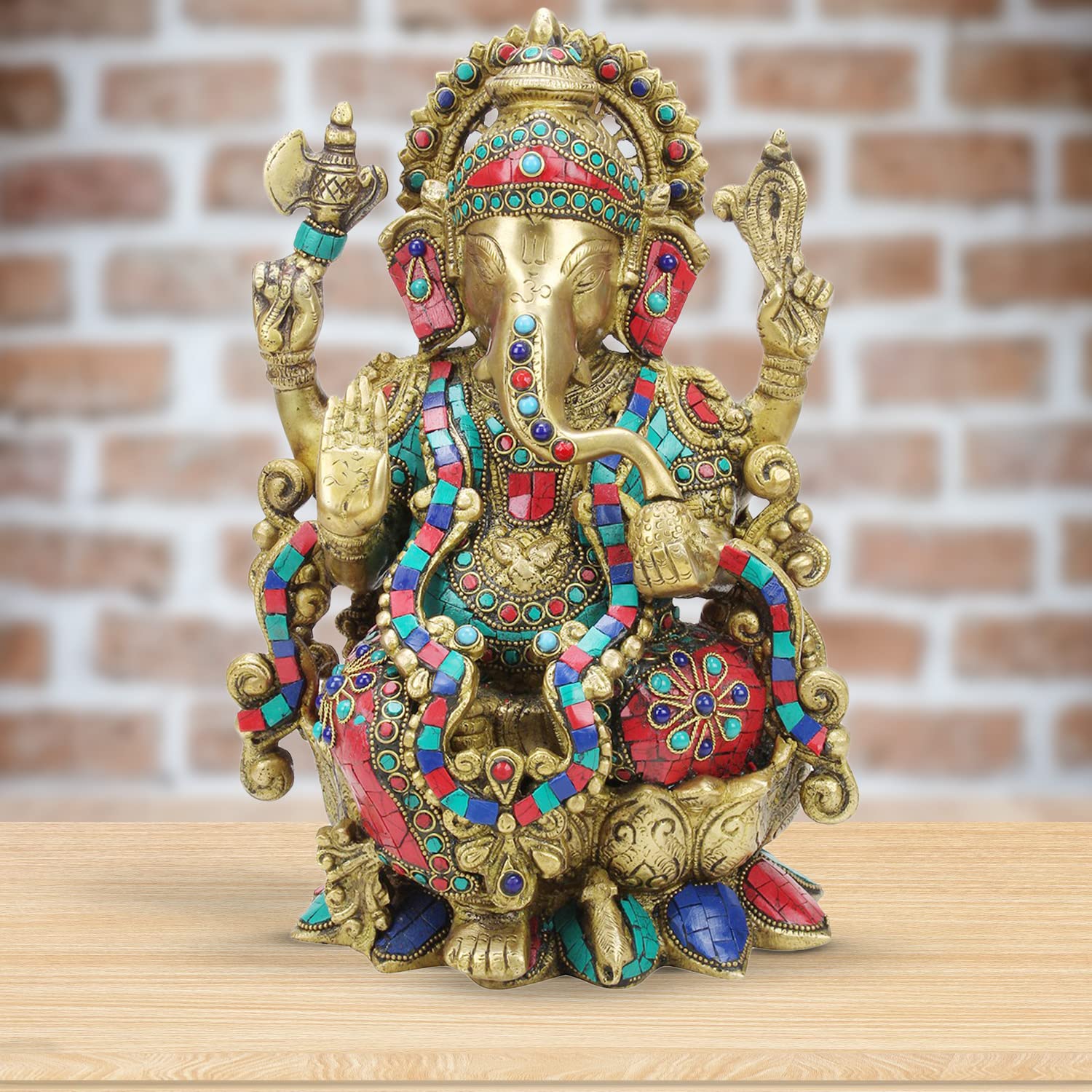 Artvarko Large Brass Ganesha Sitting On Lotus Flower Base Statue Ganesh Murti For Home Dcor Office Ganpati Idol 12 Inches