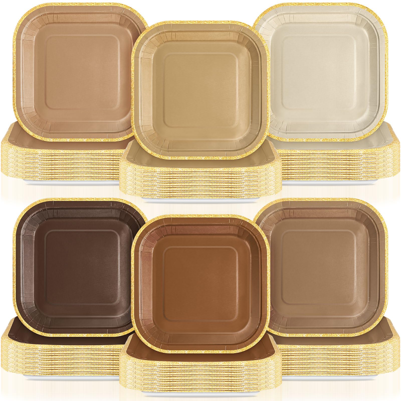 Tiangrid 120 Pcs Brown Paper Plates 7 Inch Gradient Disposable Square Dessert Party Plates with Gold Edge for Birthday Wedding B