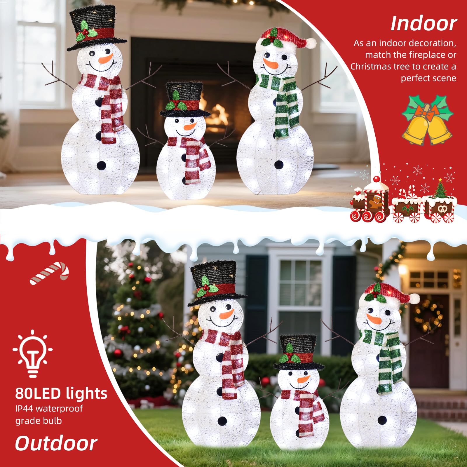 Holilite 3-Piece Light-Up Christmas Snowman Family Set - Large Outdoor Decoration with 80 LED Warm White Lights, Metal, White