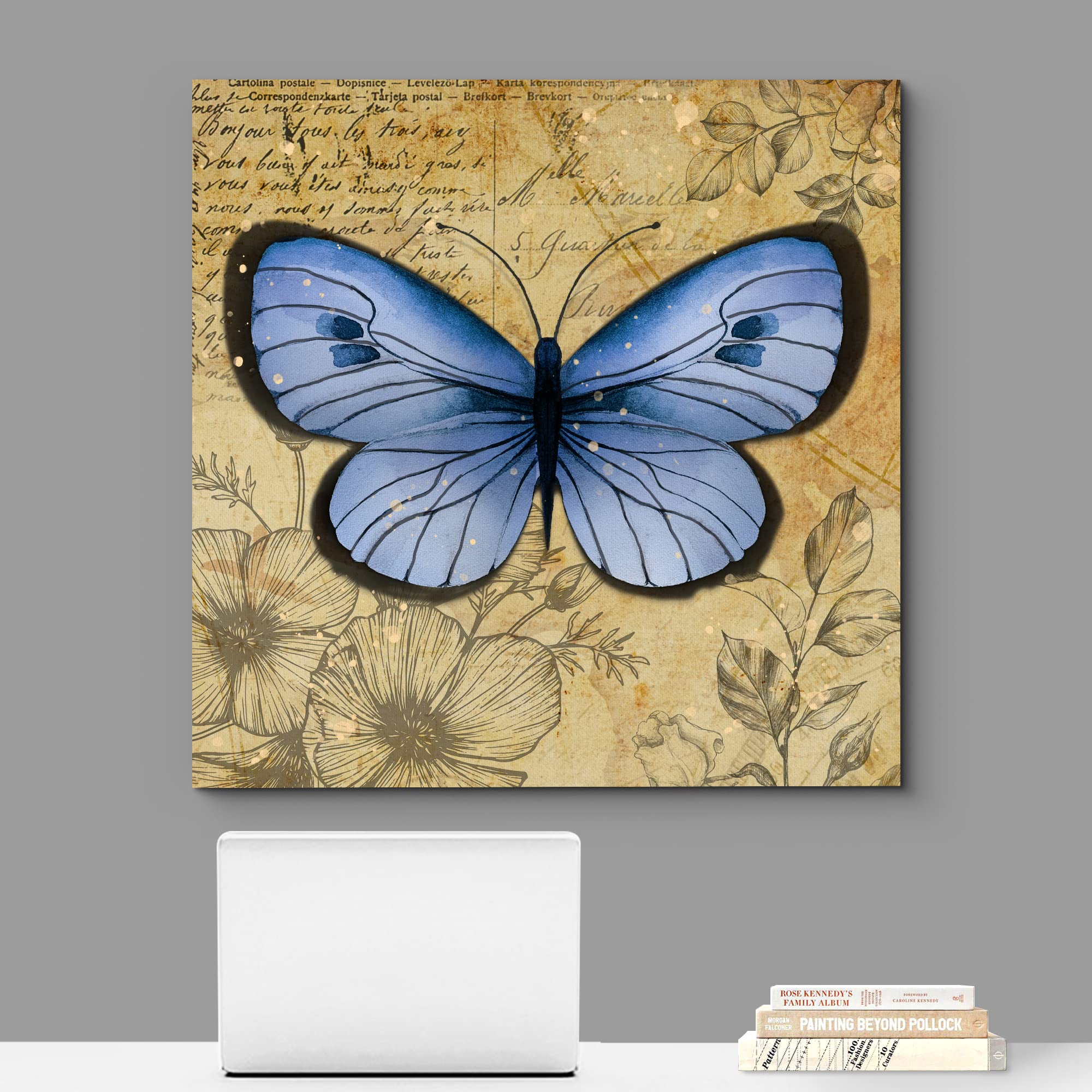 Wall26 Canvas Print Wall Art Pastel Blue Butterfly Floral Pattern Nature Wilderness Rustic Modern Art Farmhouse Decorative Anima